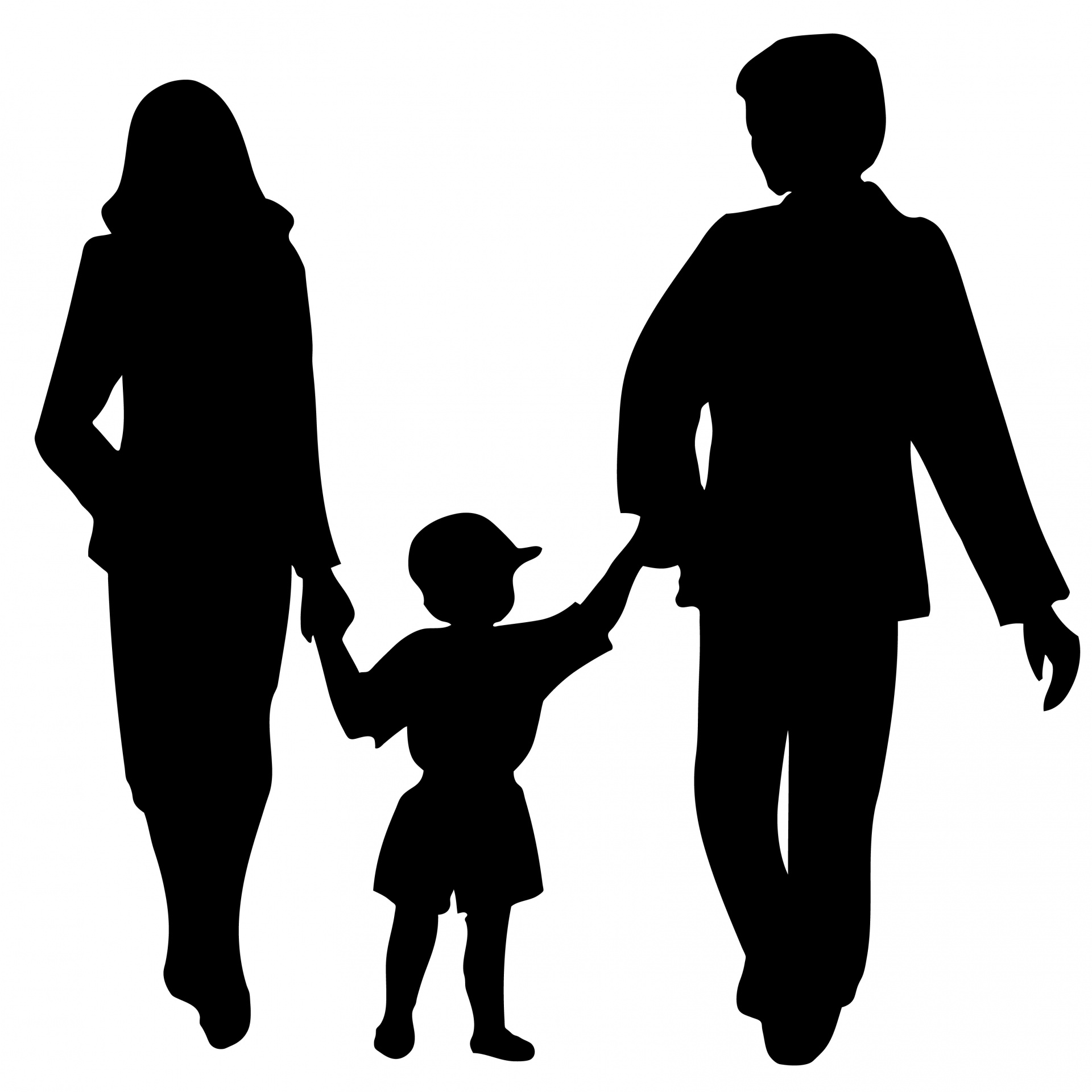 Family of mother, father and little boy holding hands black silhouette