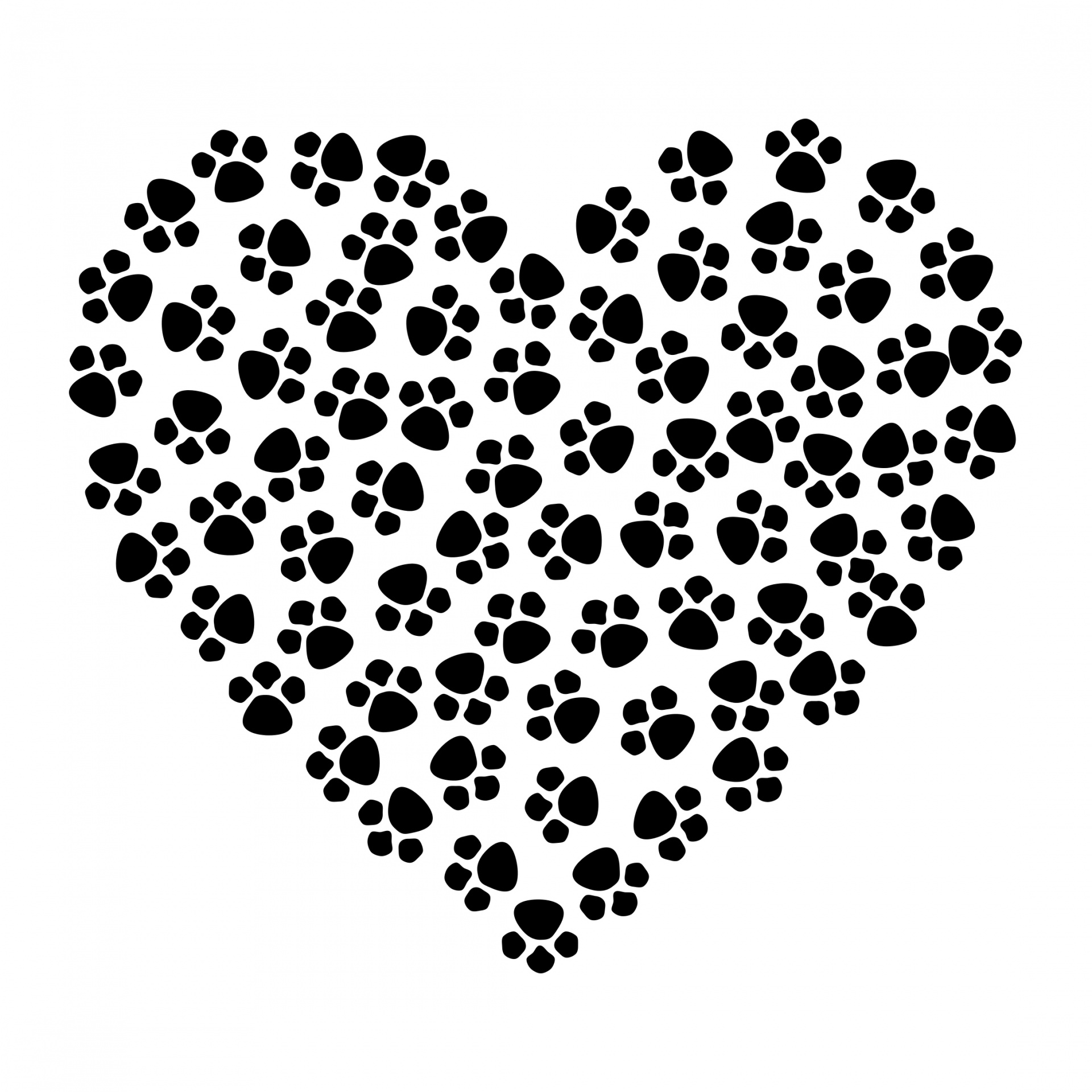 Black paw prints in shape of heart isolated on white background