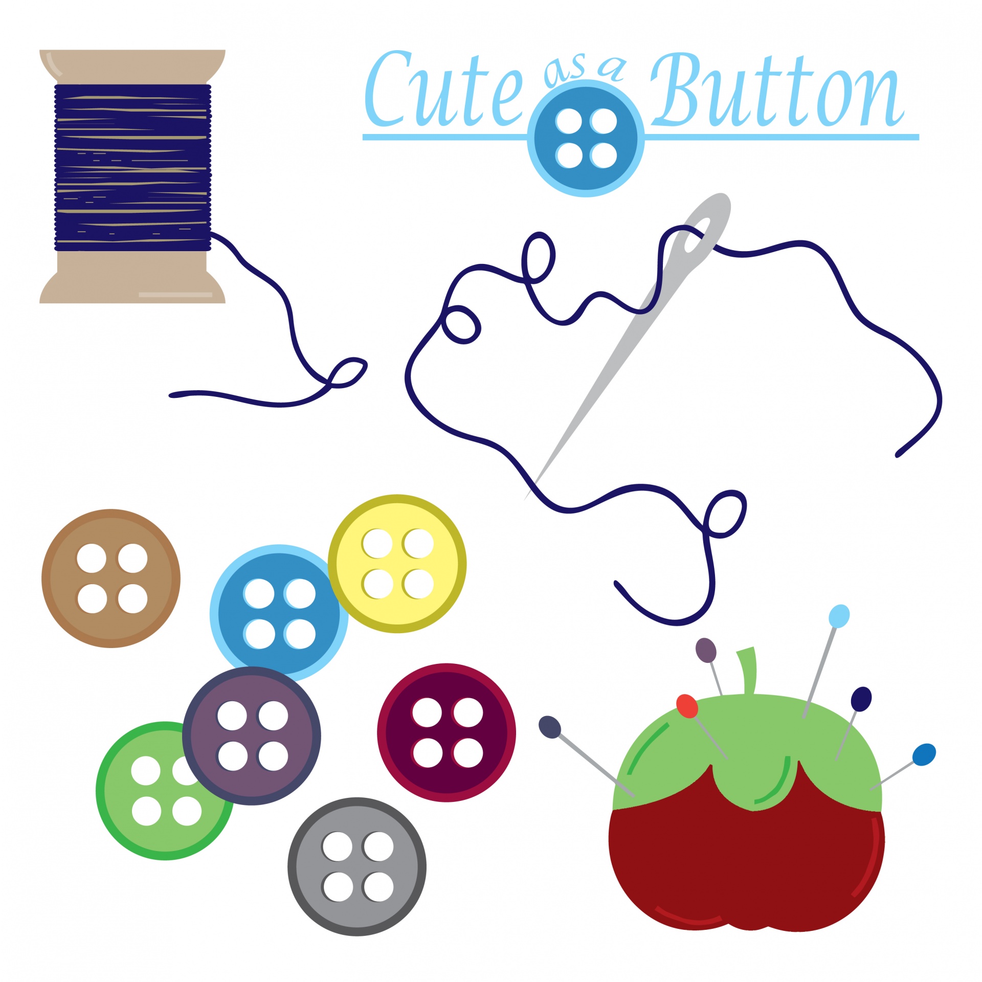 Cute sewing set of buttons, needle, thread, cotton reel, illustration