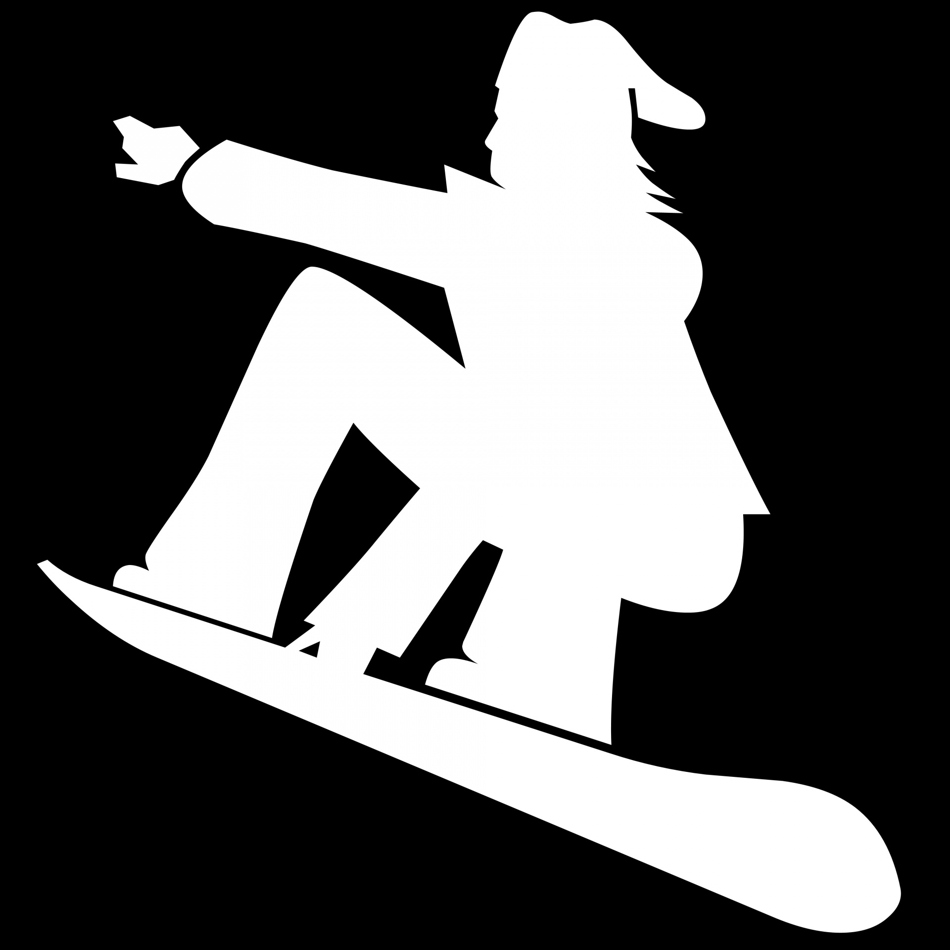 white silhouette snowboarder on black background