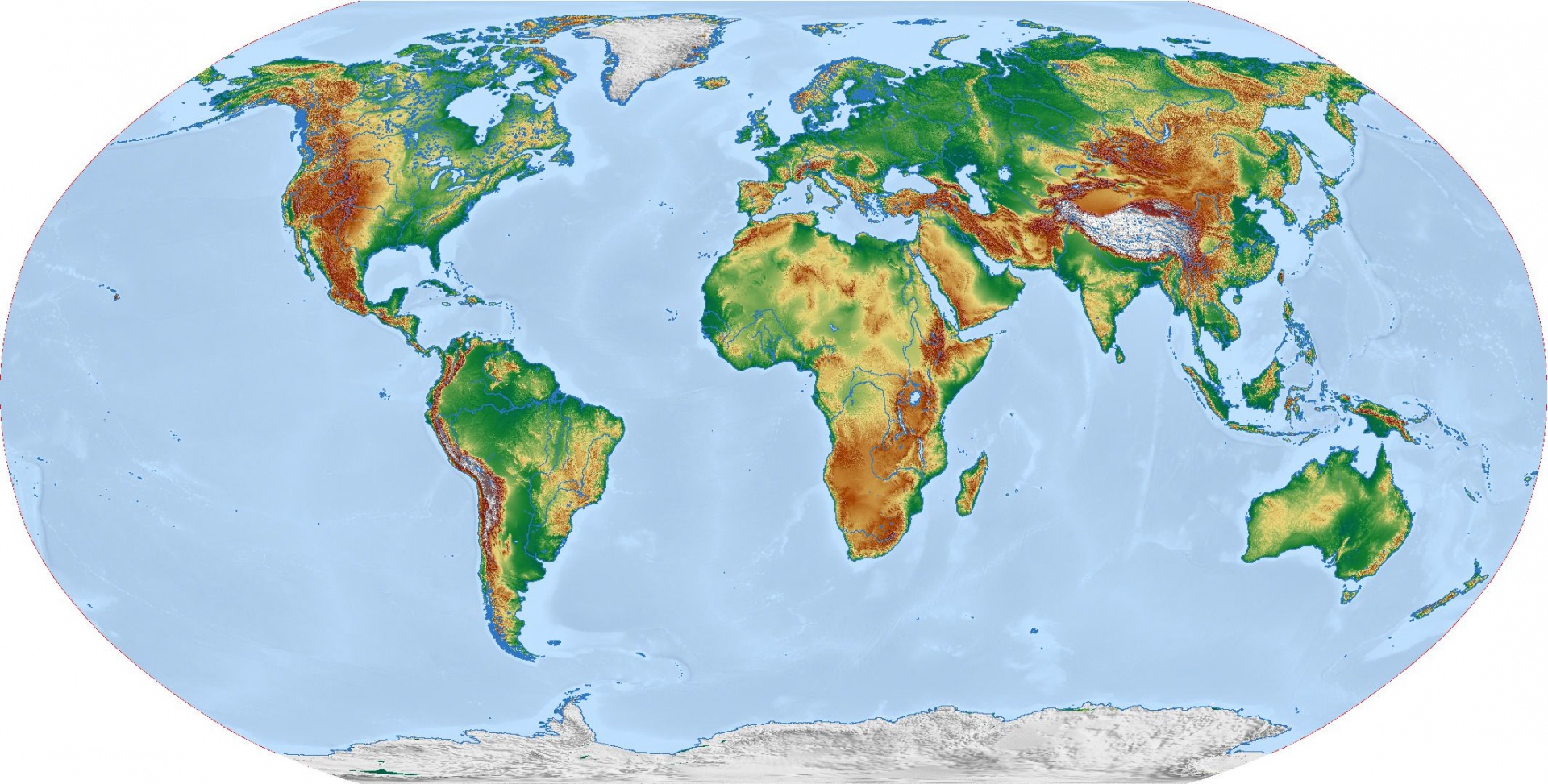 Physical map of the world with dark colors, using Robinson projection.