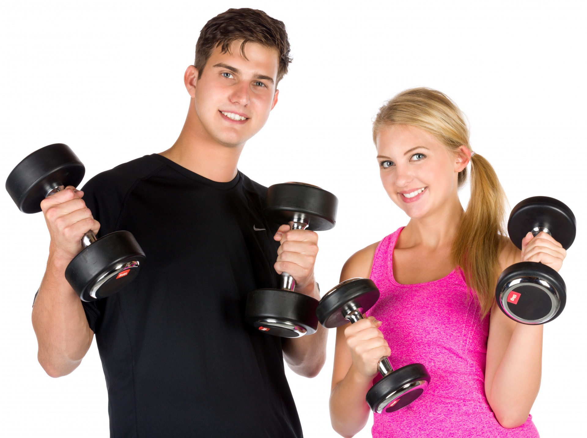 Young man and woman lifting weights isolated on white background