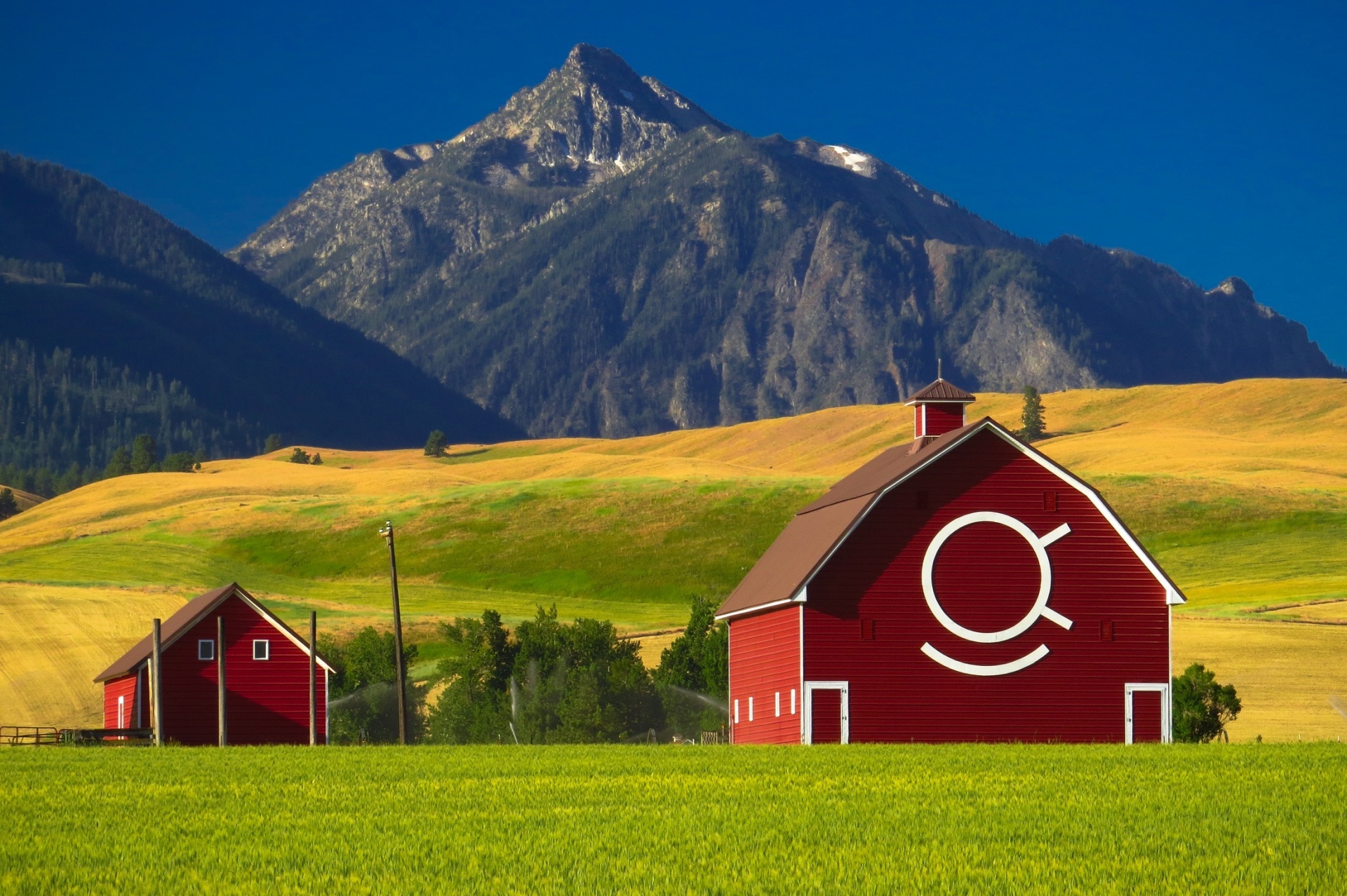 Red Barn with mountain background