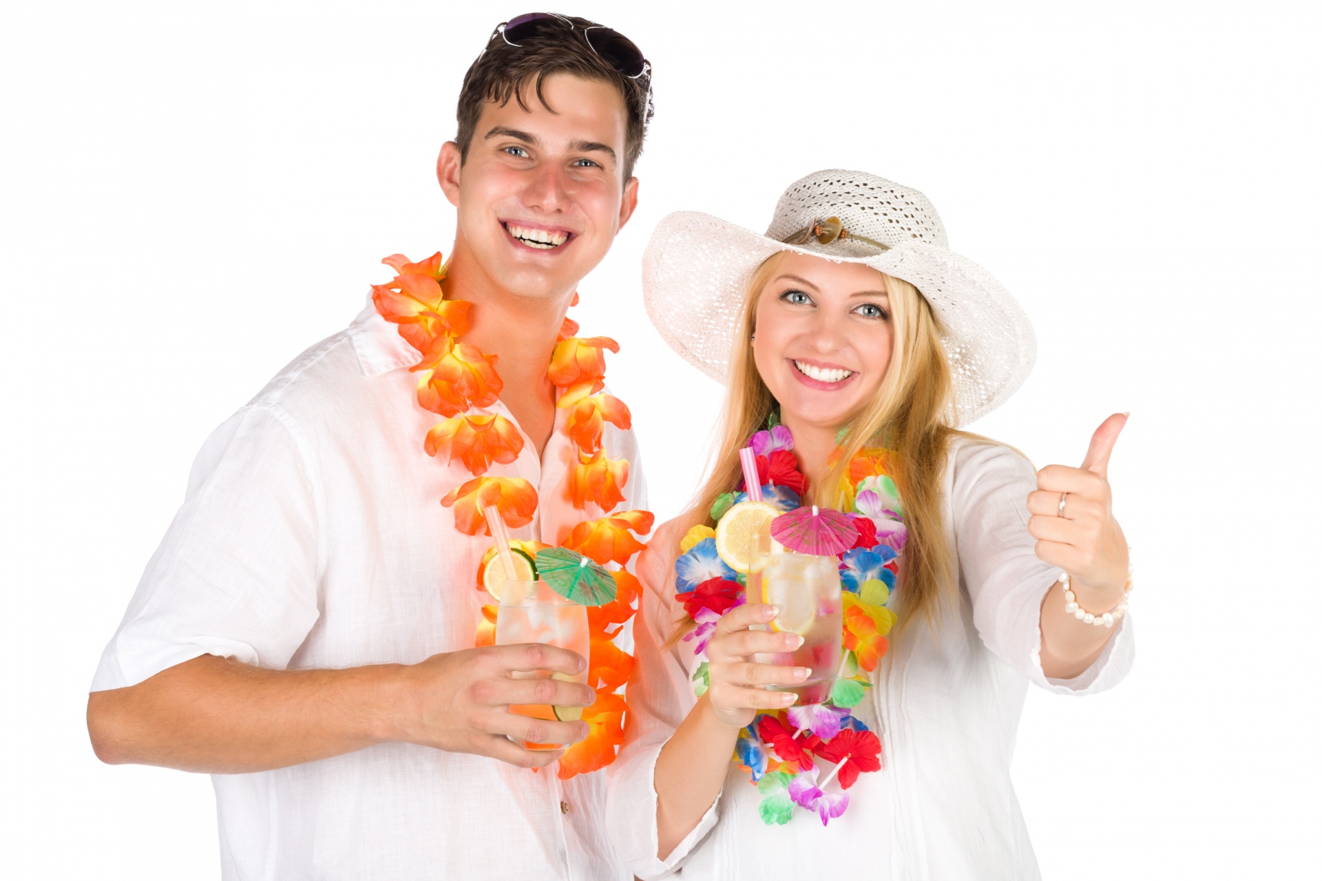 Young and happy couple on a vacation isolated on white background