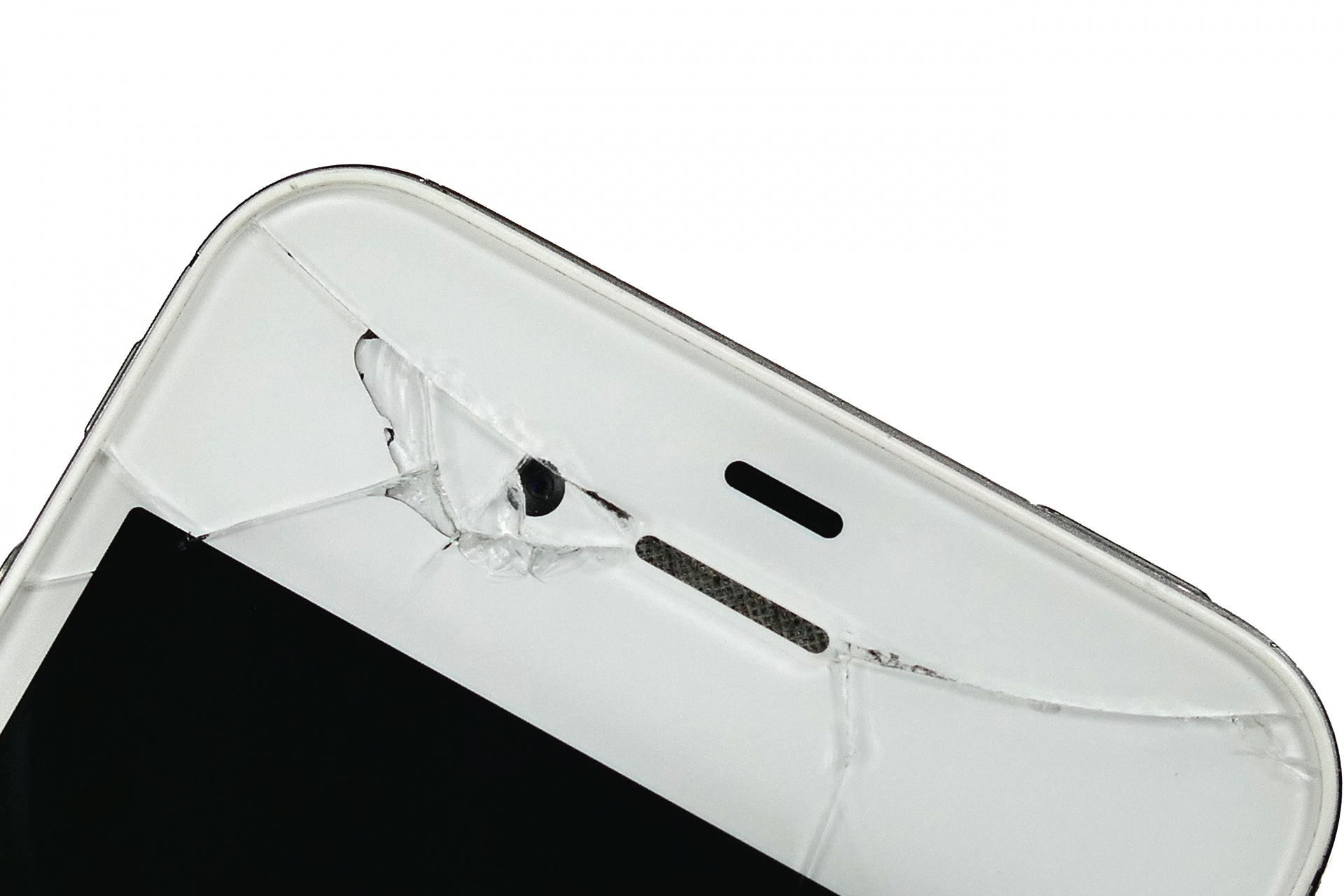 A mobile phone with a cracked screen.
