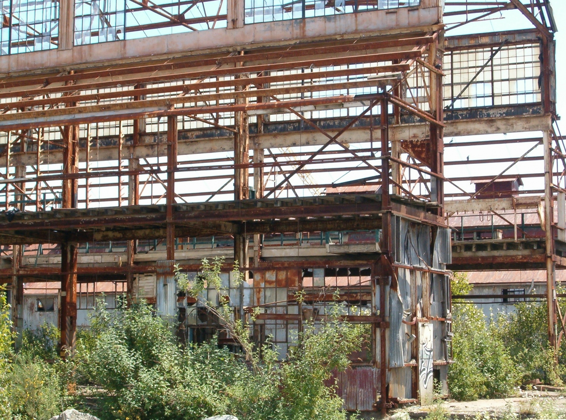 The skeleton frame of a derelict warehouse on the north shore of Vancouver on waterfront land undeveloped.