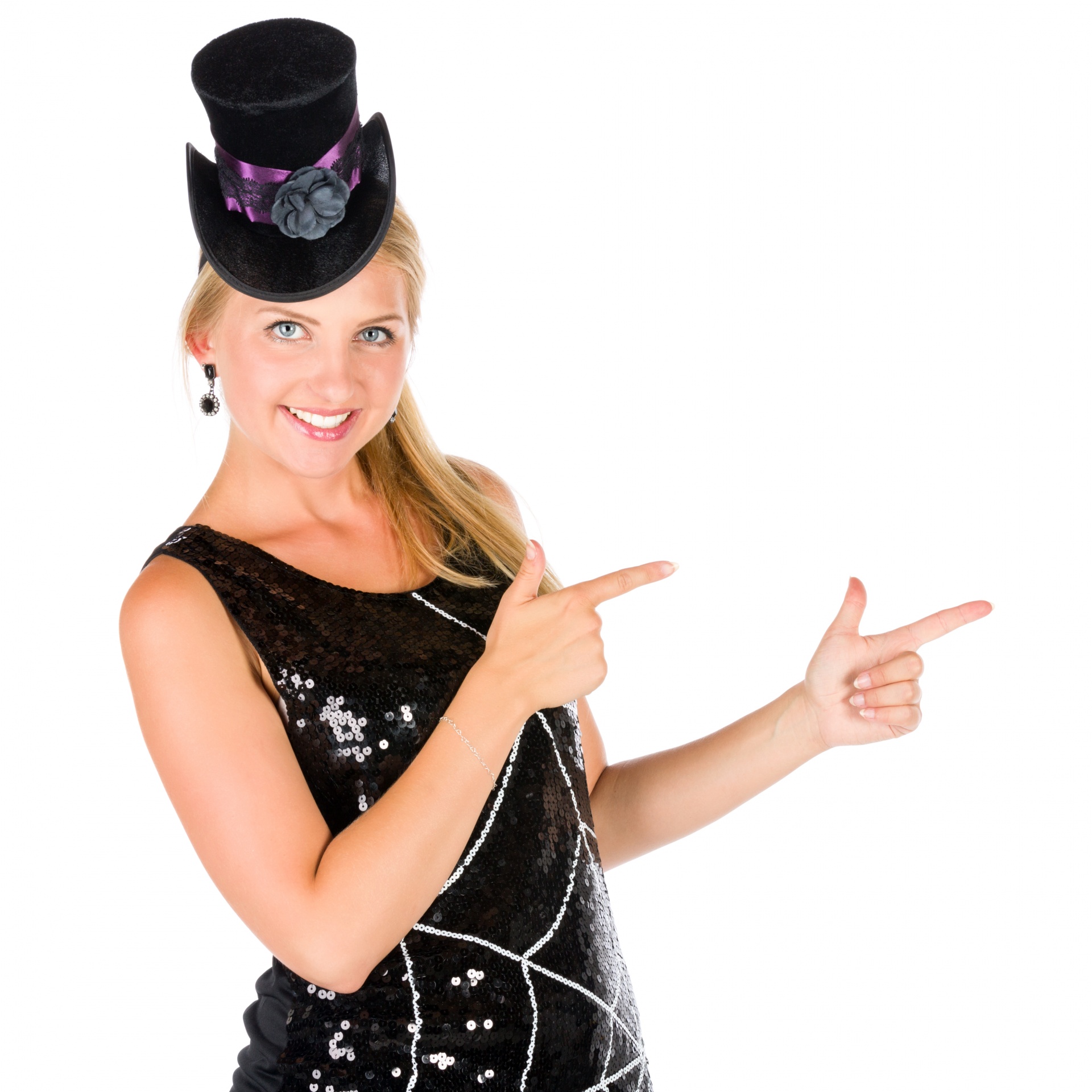 Young woman in Halloween costume pointing her fingers