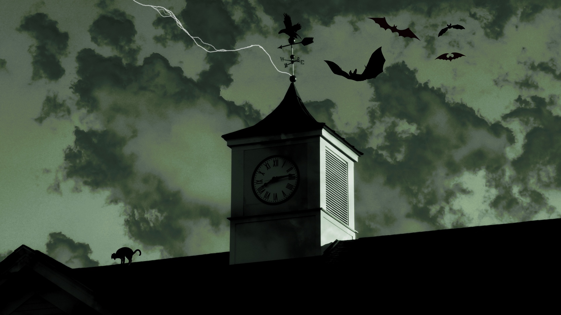 bats and a black cat on haunted roof tower
