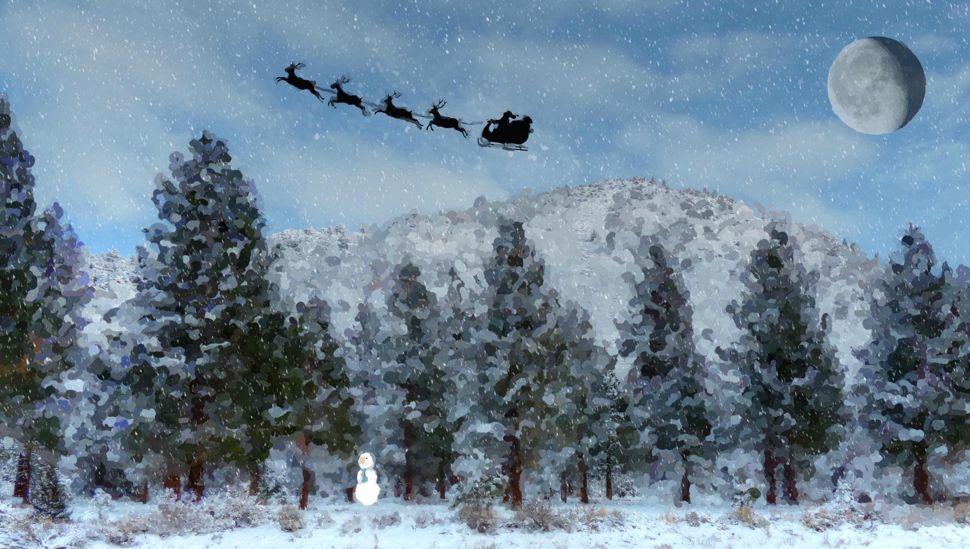 Christmas painting of santa and the reindeer silhouetted against a sky above snowy forest