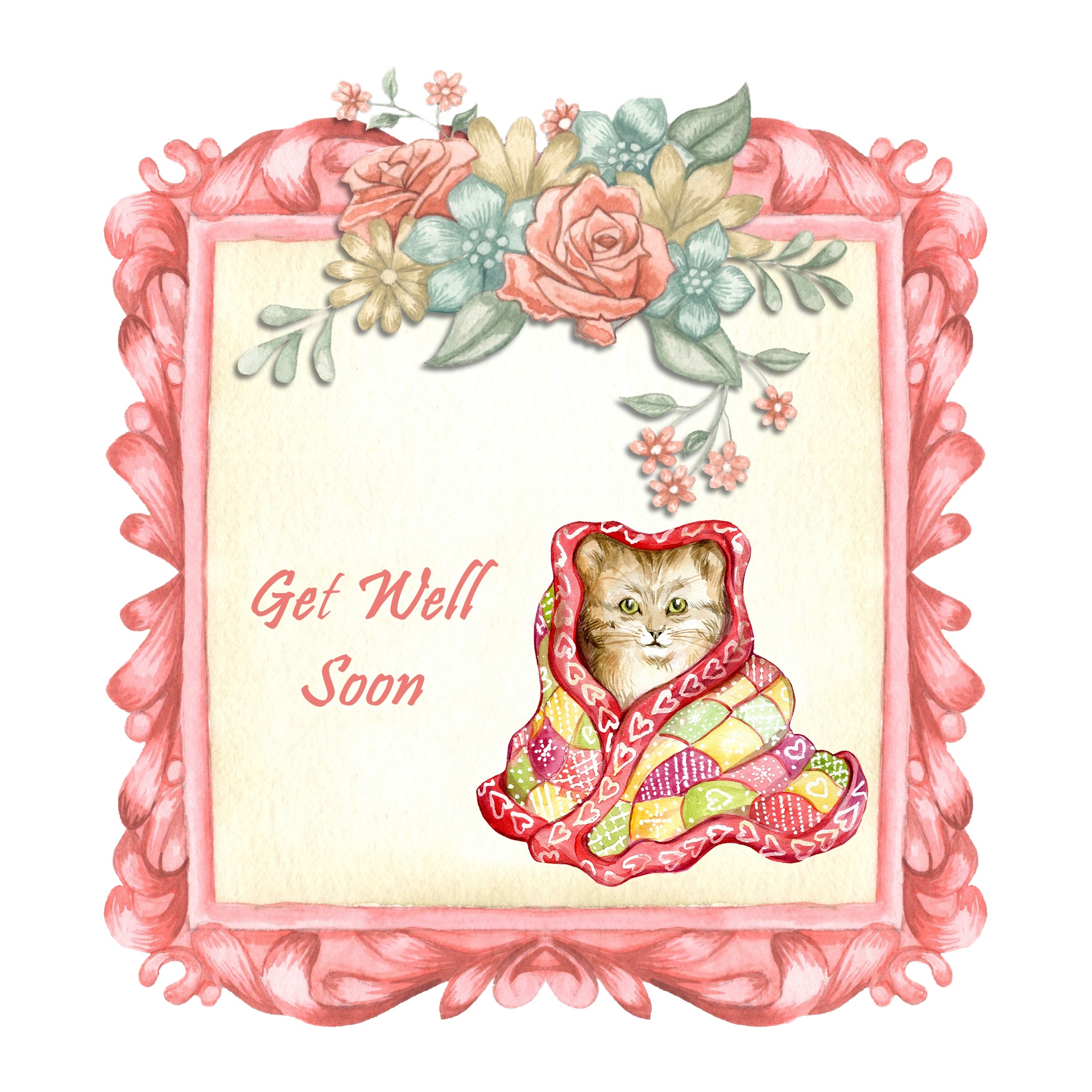 Cute watercolor painting of a vintage kitten in floral frame get well card template