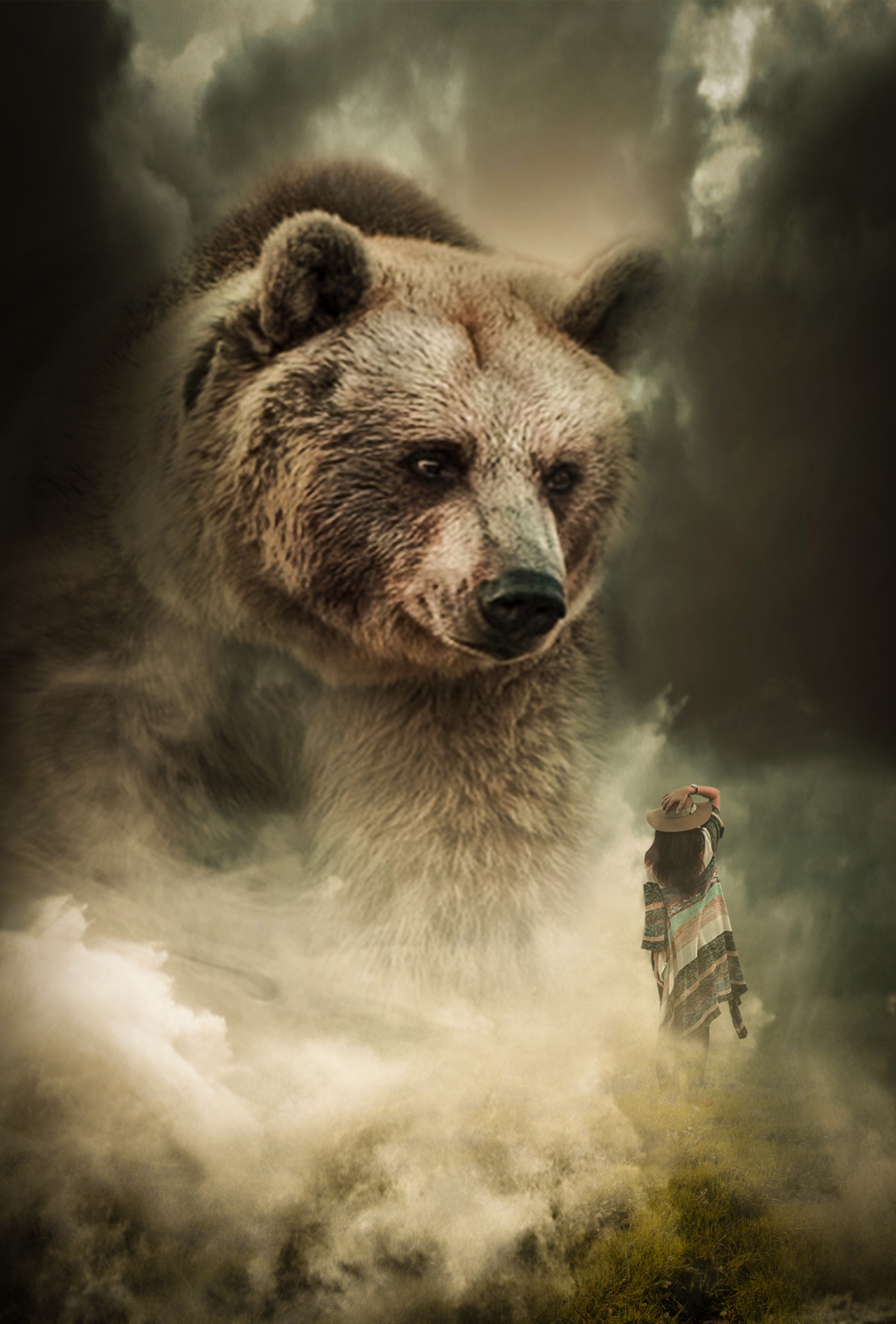 Woman And Bear In Fog