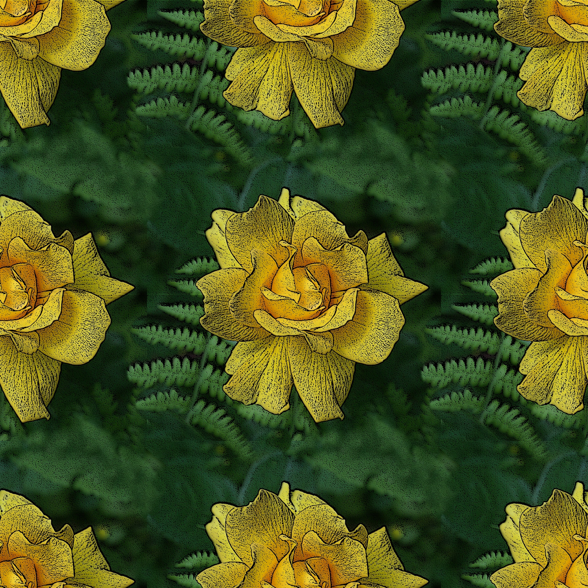 This seamless repeating pattern depicts a yellow rose on a green leaf background. The original photography is enhanced with digital ink sketch techniques.
