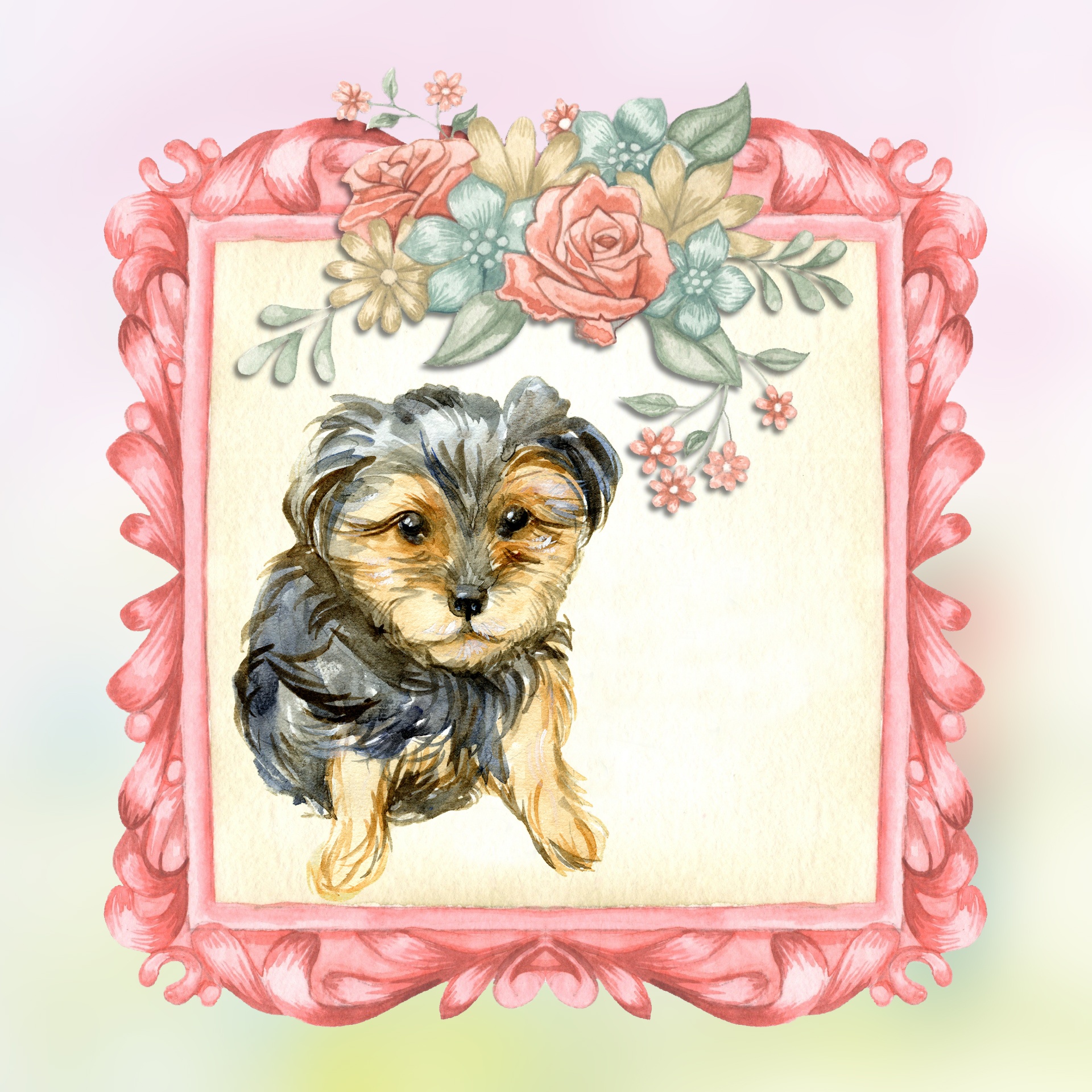 Cute watercolor of a yorkshire terrier dog in floral frame card template with copy space