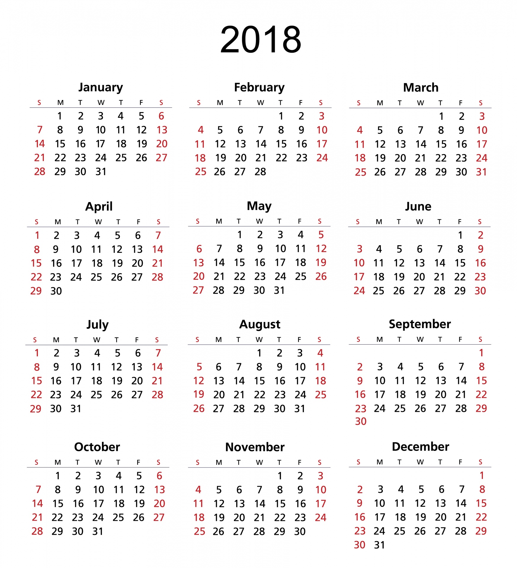 2018 Calendar Template