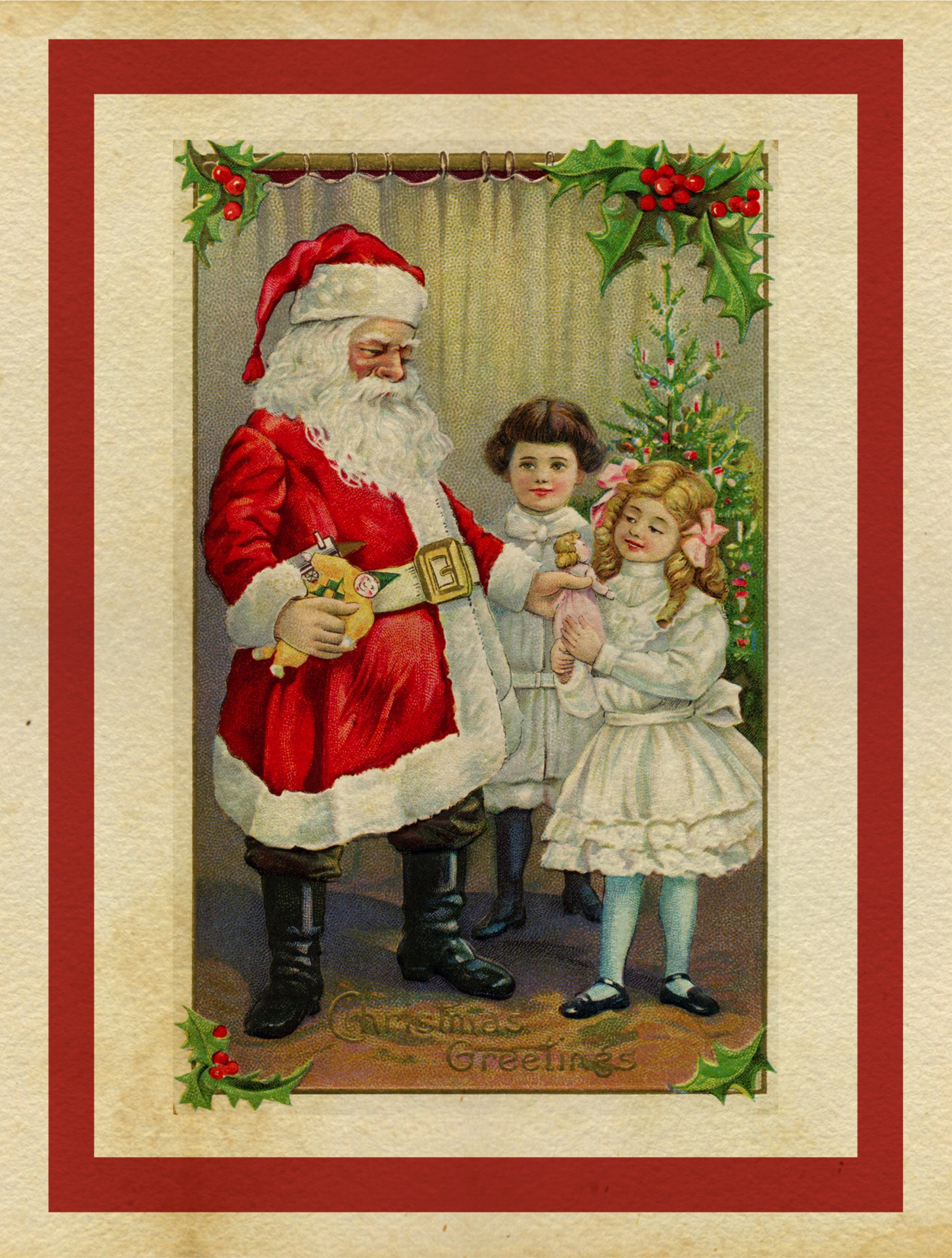 Traditional vintage victorian christmas card with santa claus and children receiving gifts