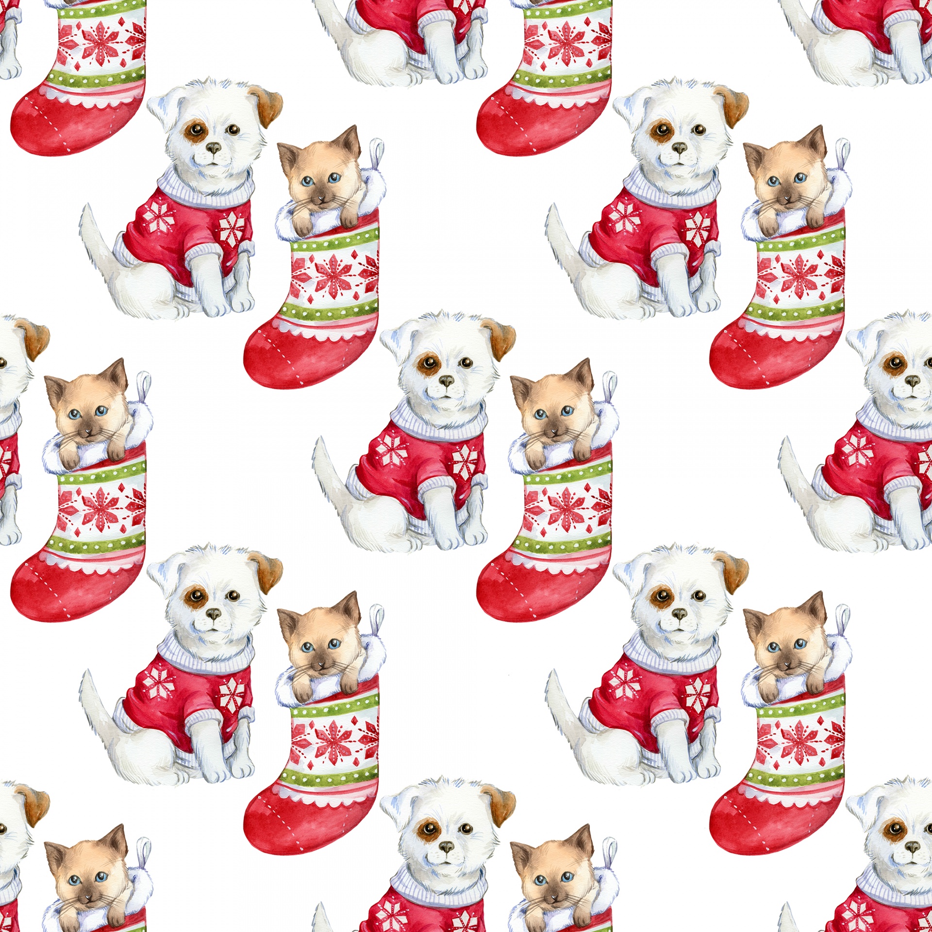 Cute illustration of puppy and kitten christmas wallpaper background