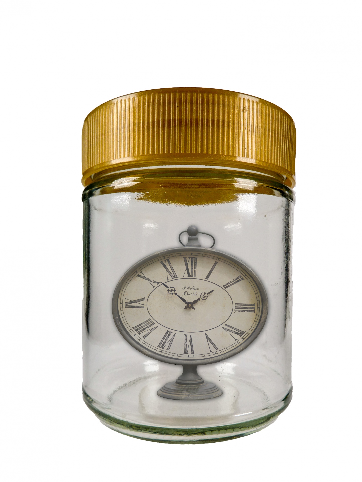 Saving time concept of clock in glass jar isolated on white background