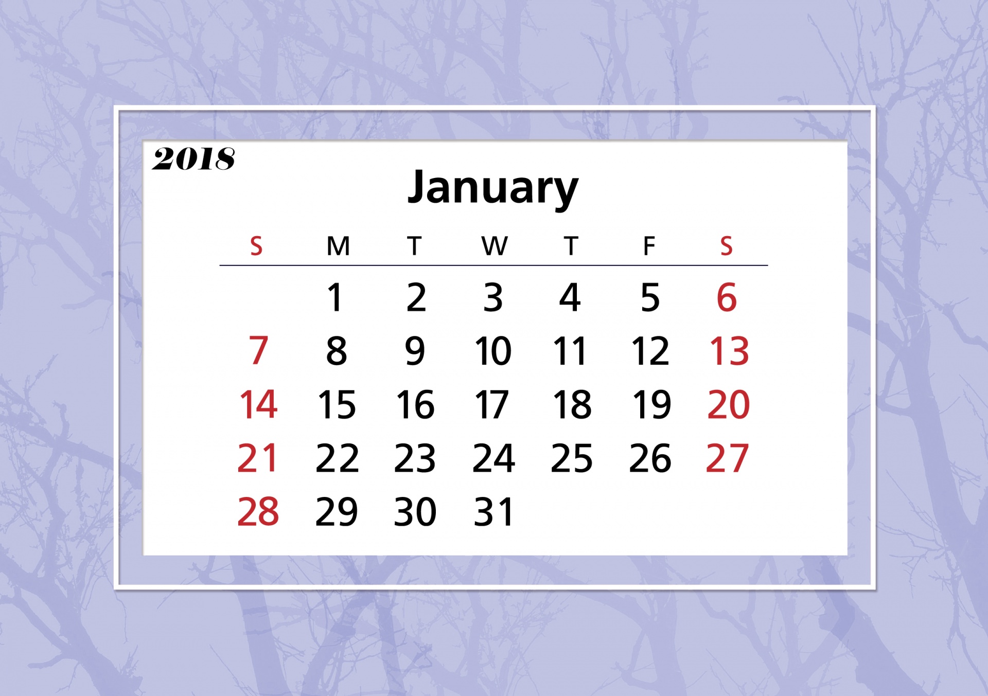 January 2018 Calendar tree frame template