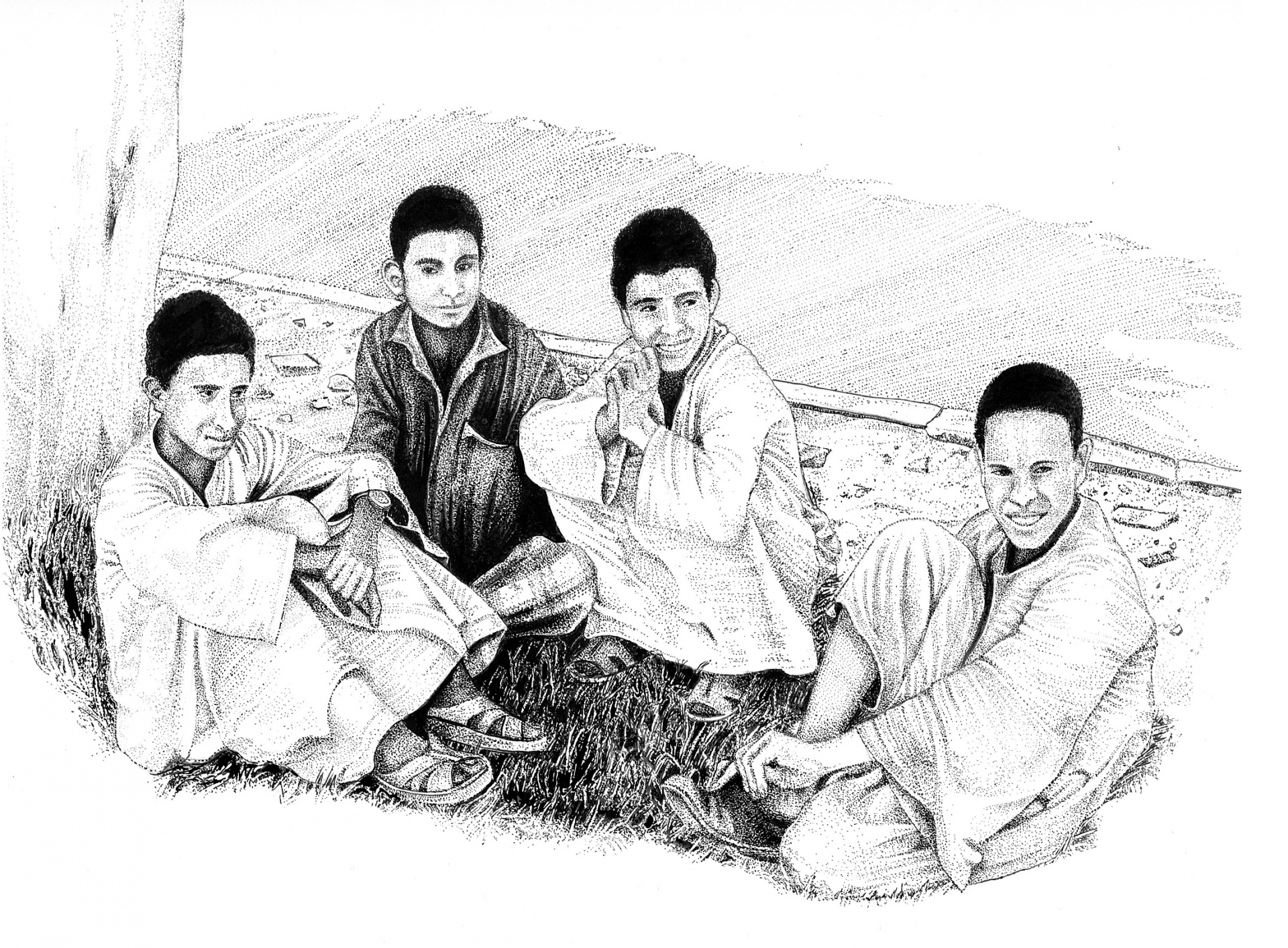 Black ink drawing of a group of local boys chatting in the shade by the roadside in Luxor, Egypt