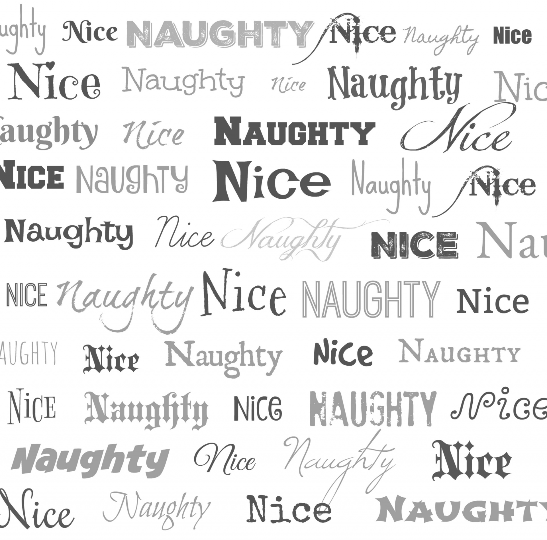 collection of words in different fonts - naughty or nice - black and white