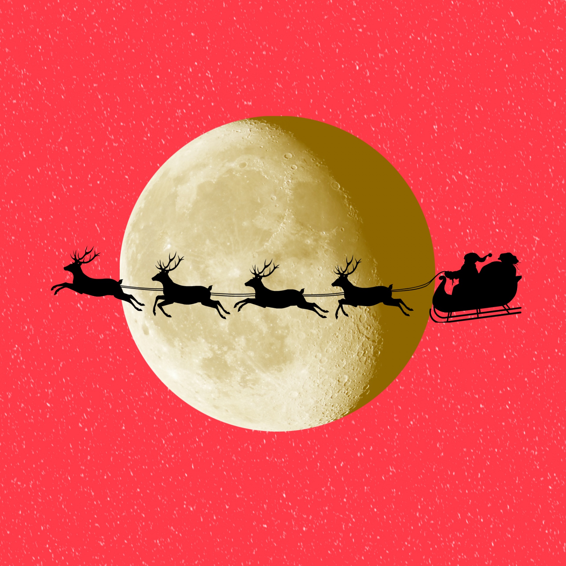 full moon, red sky and santa with reindeer silhouetted