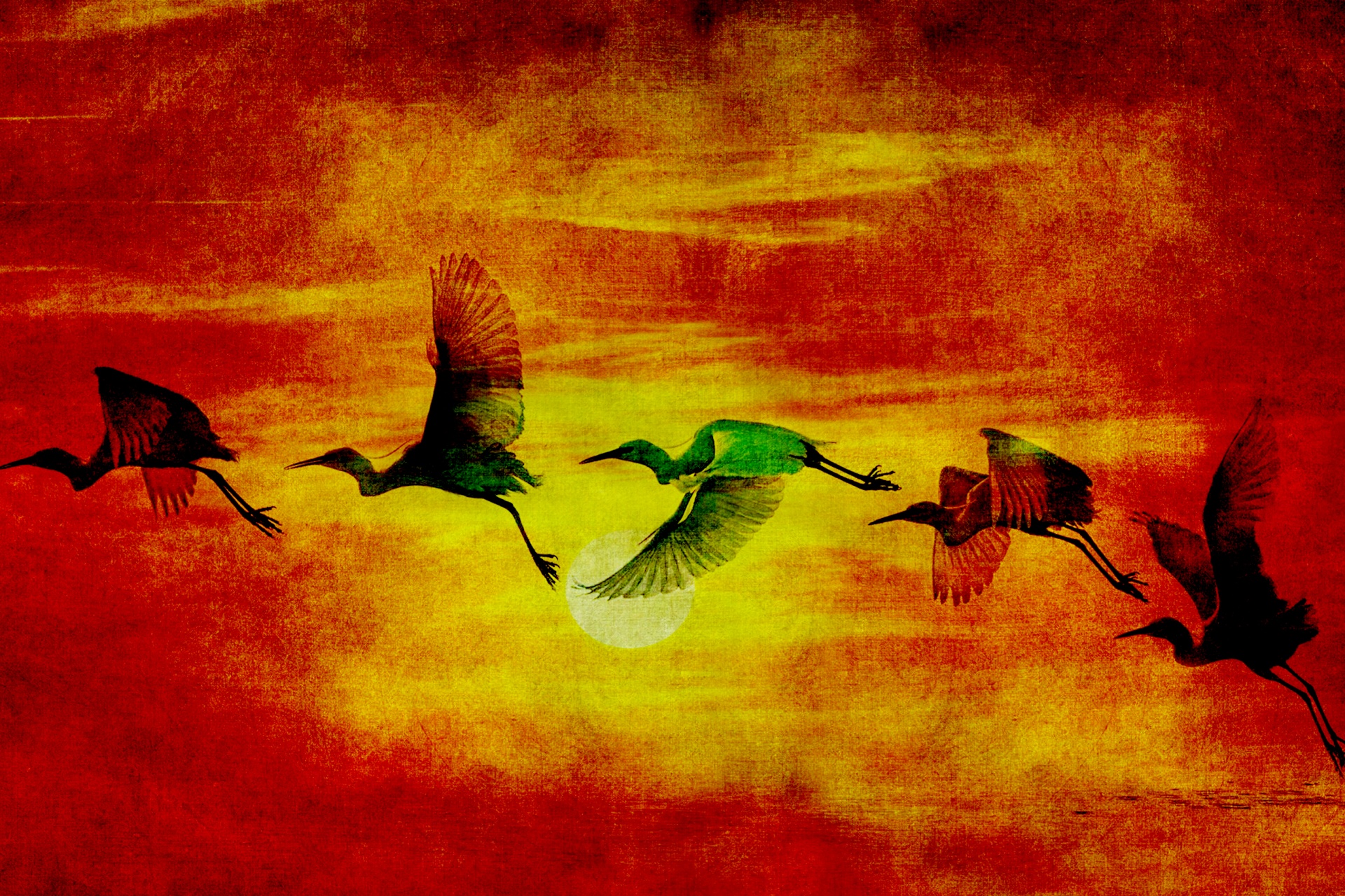 Birds Sunset Vintage Painting