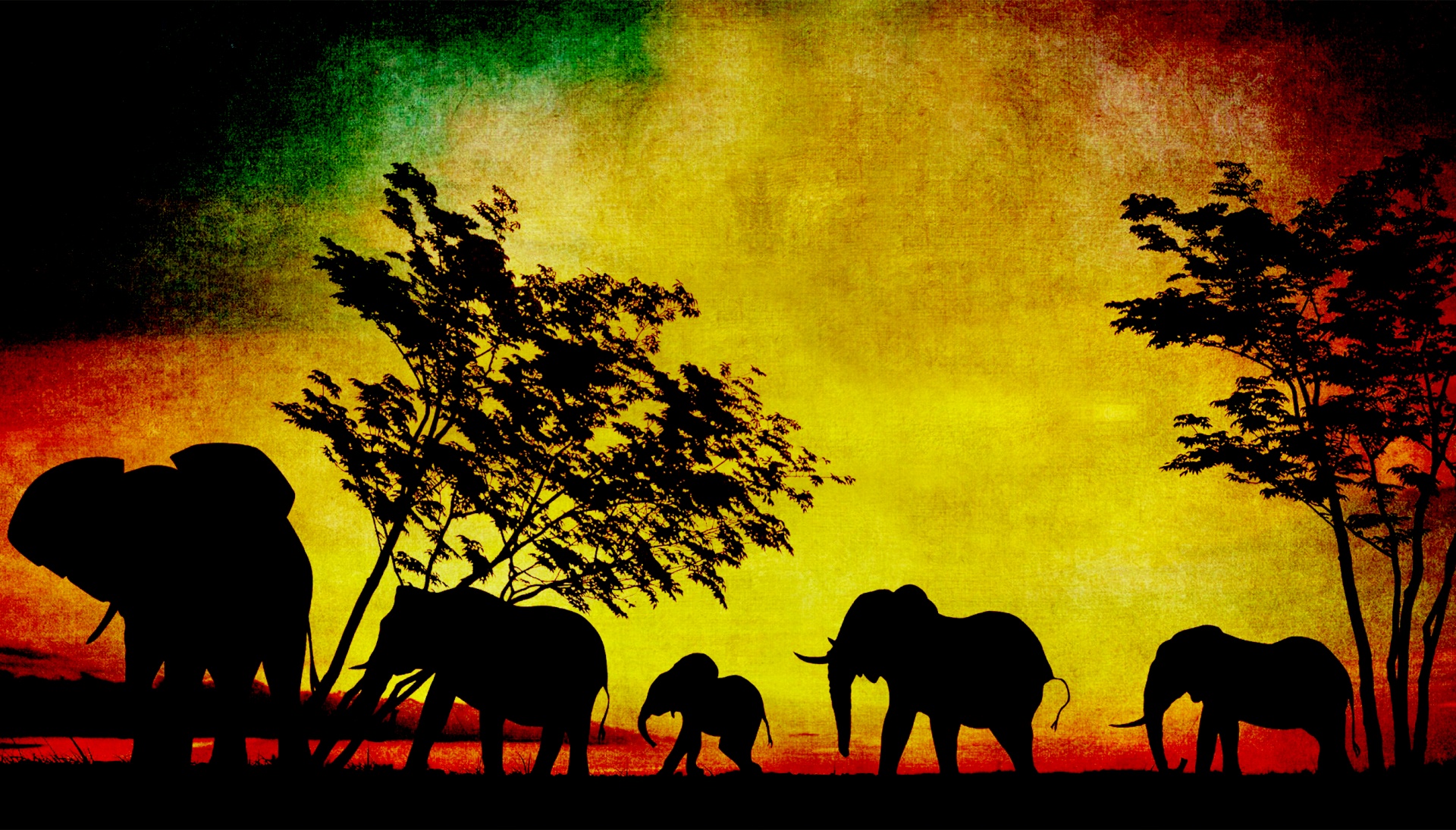 Elephants in silhouette at sunset vintage painting