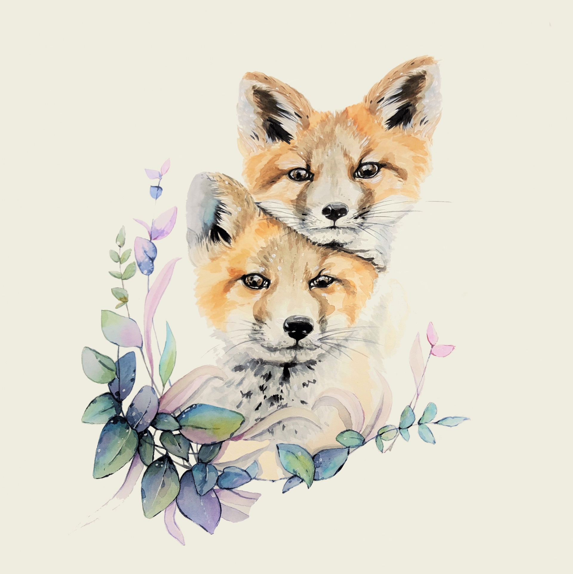 Foxes watercolor painting