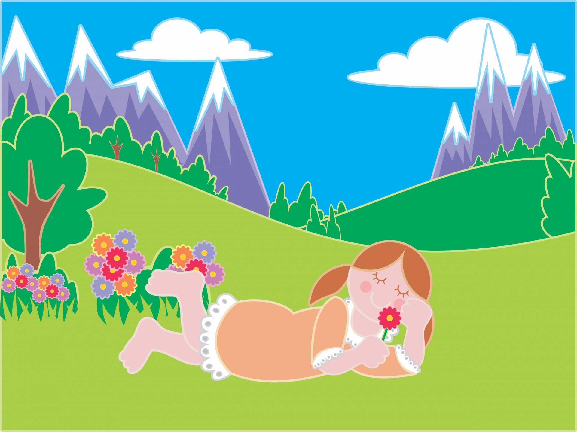 Cartoon girl laying in a field smelling a flower