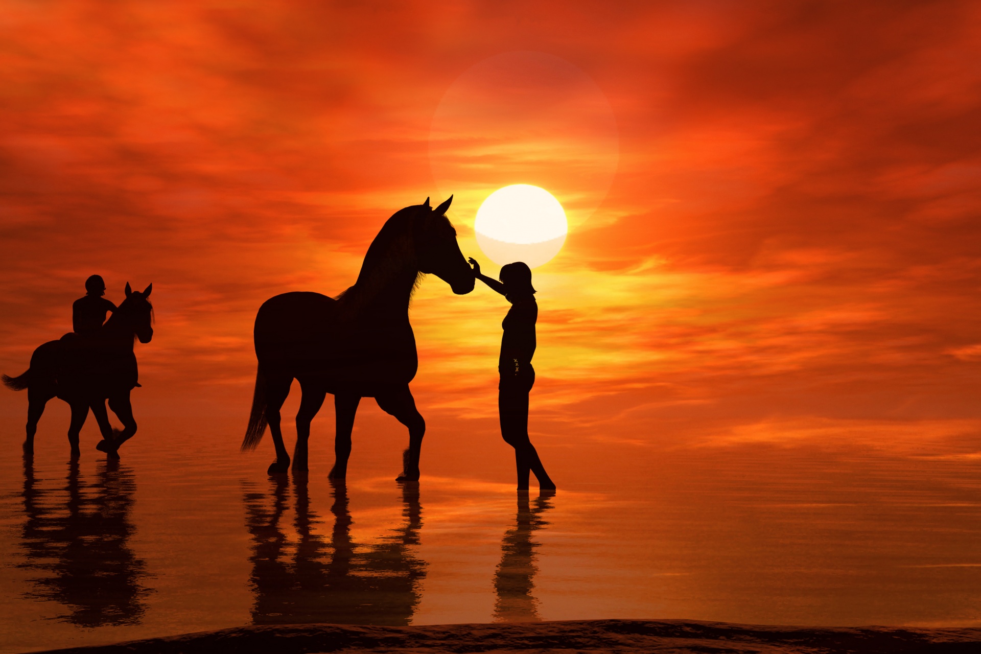 Horses silhouette at sunset illustration with water reflection