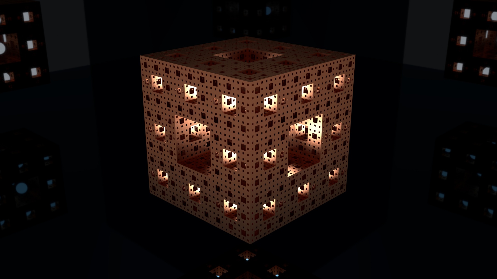 A menger sponge, rendered in copper, with internal lighting casting shadows and light upon a phone screen material.