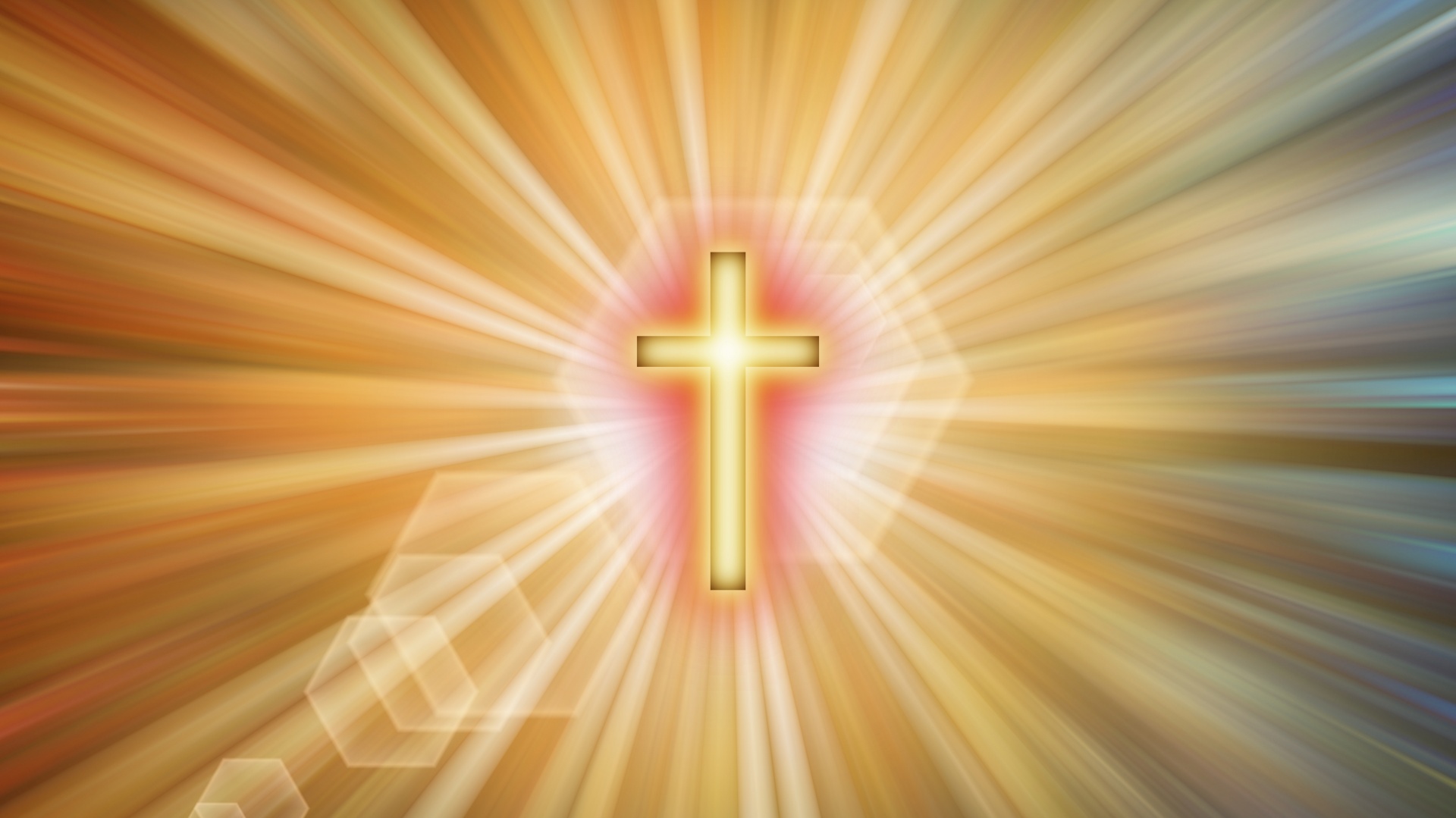 A glowing cross on a radial blur background with a distant sun gradient flare.