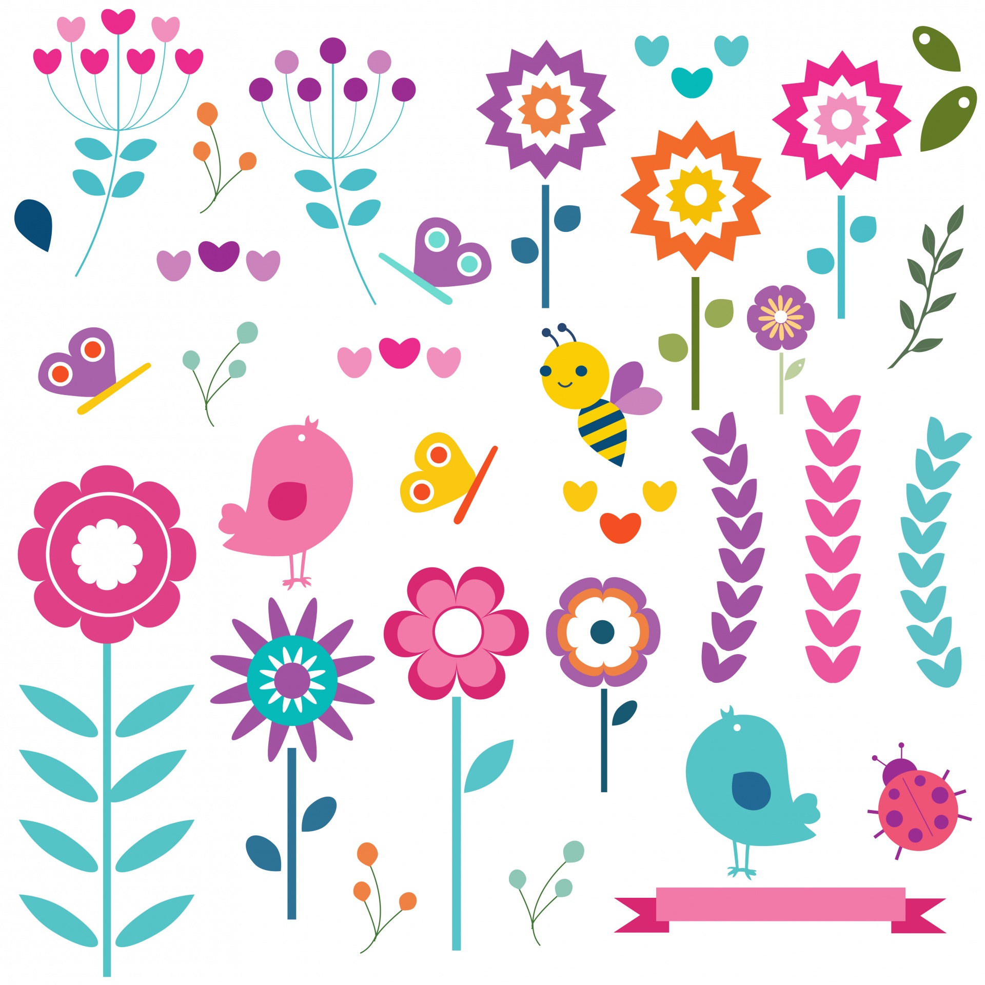 Cute illustration of birds, flowers, butterfly, bee nature clipart