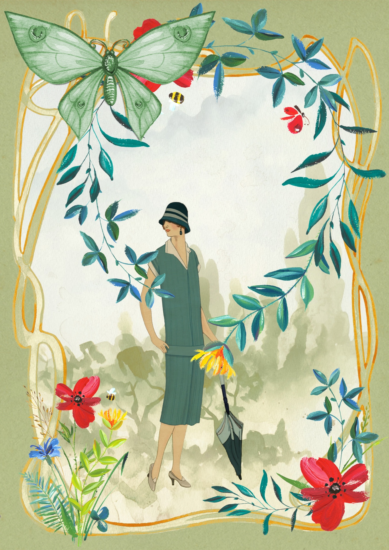 Vintage 1920s woman in garden illustration