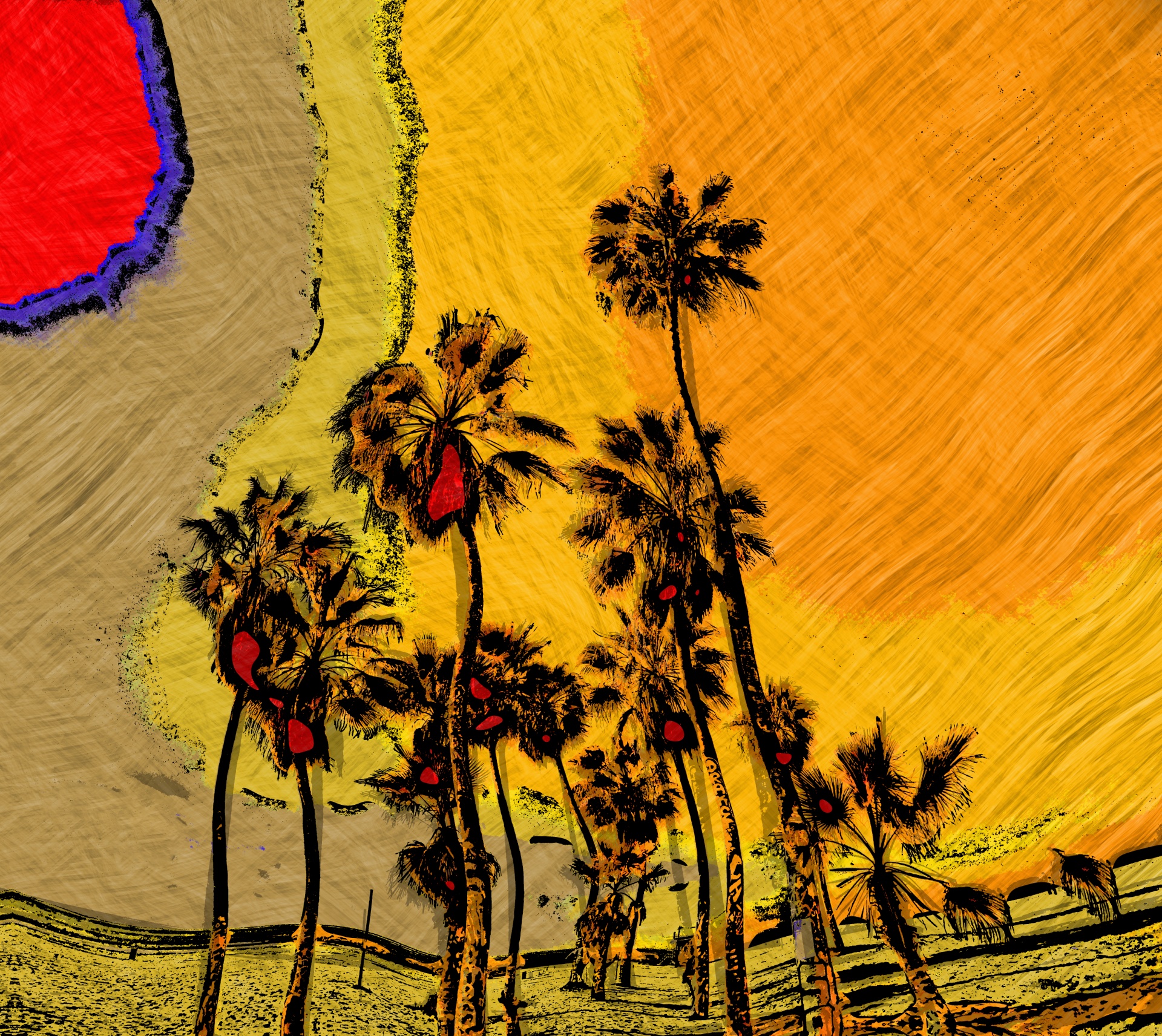 artistic rendering of palm trees - picasso style - red, gold