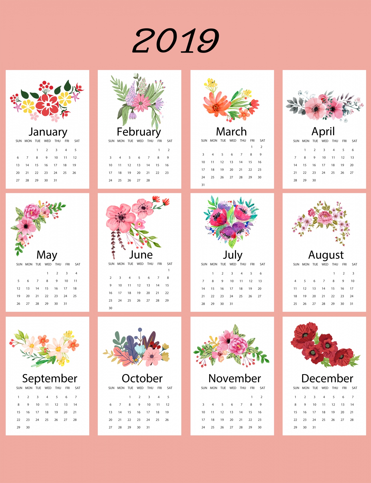2019 Calendar Floral Template