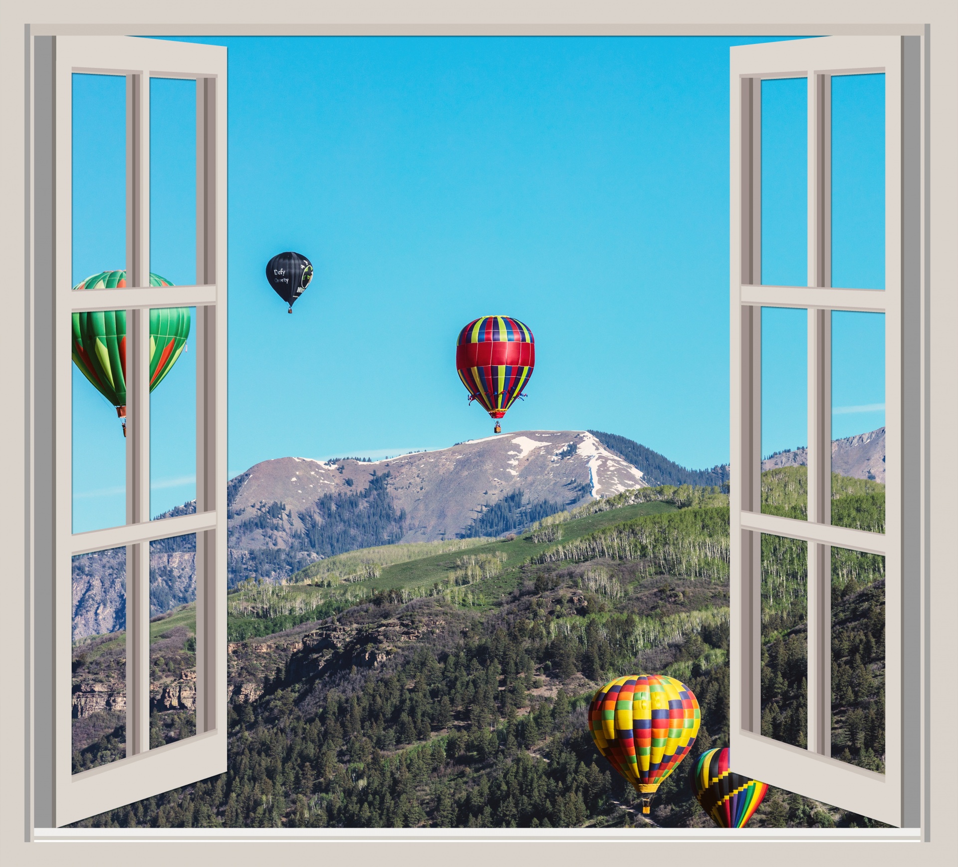 Hot air balloons with mountains backdrop view through open window