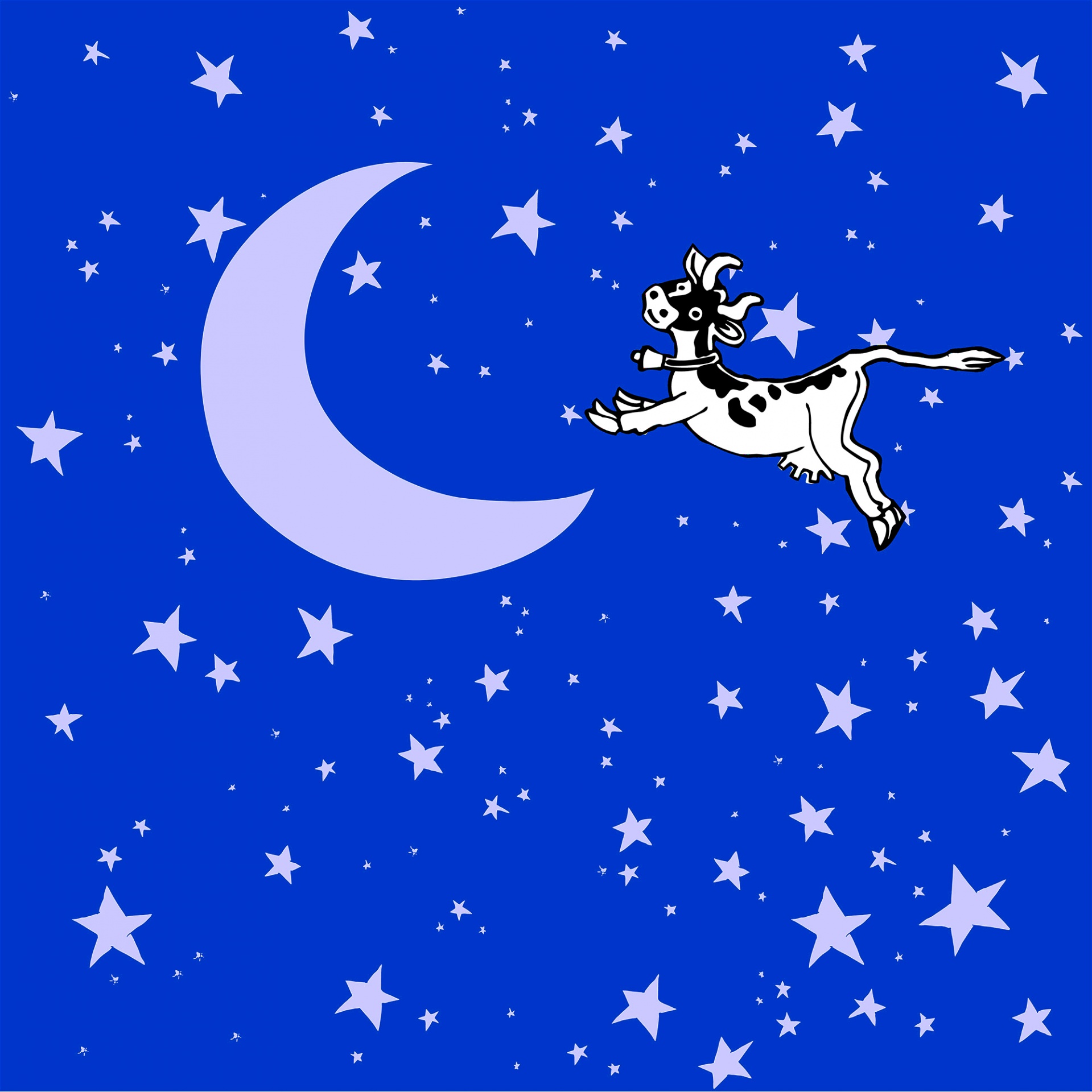 cartoon of a cow jumping over the moon - dark blue, blue