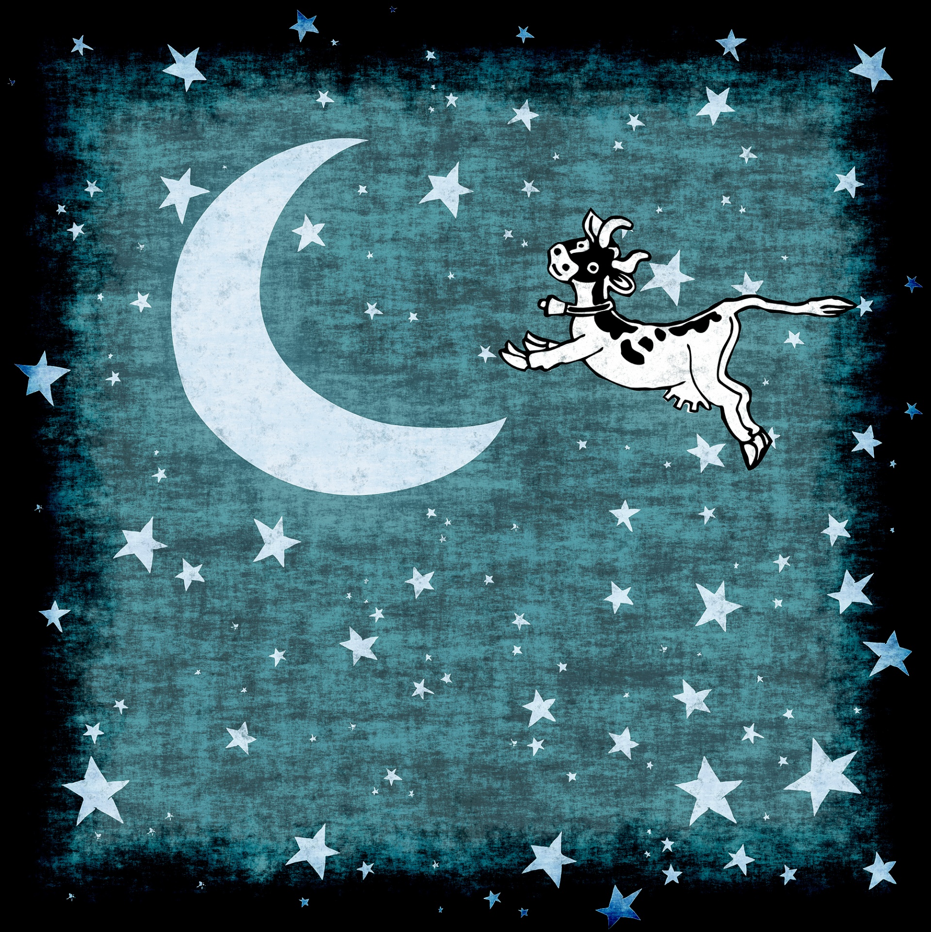 cartoon of a cow jumping over the moon - blue turquoise color with dark grunge border