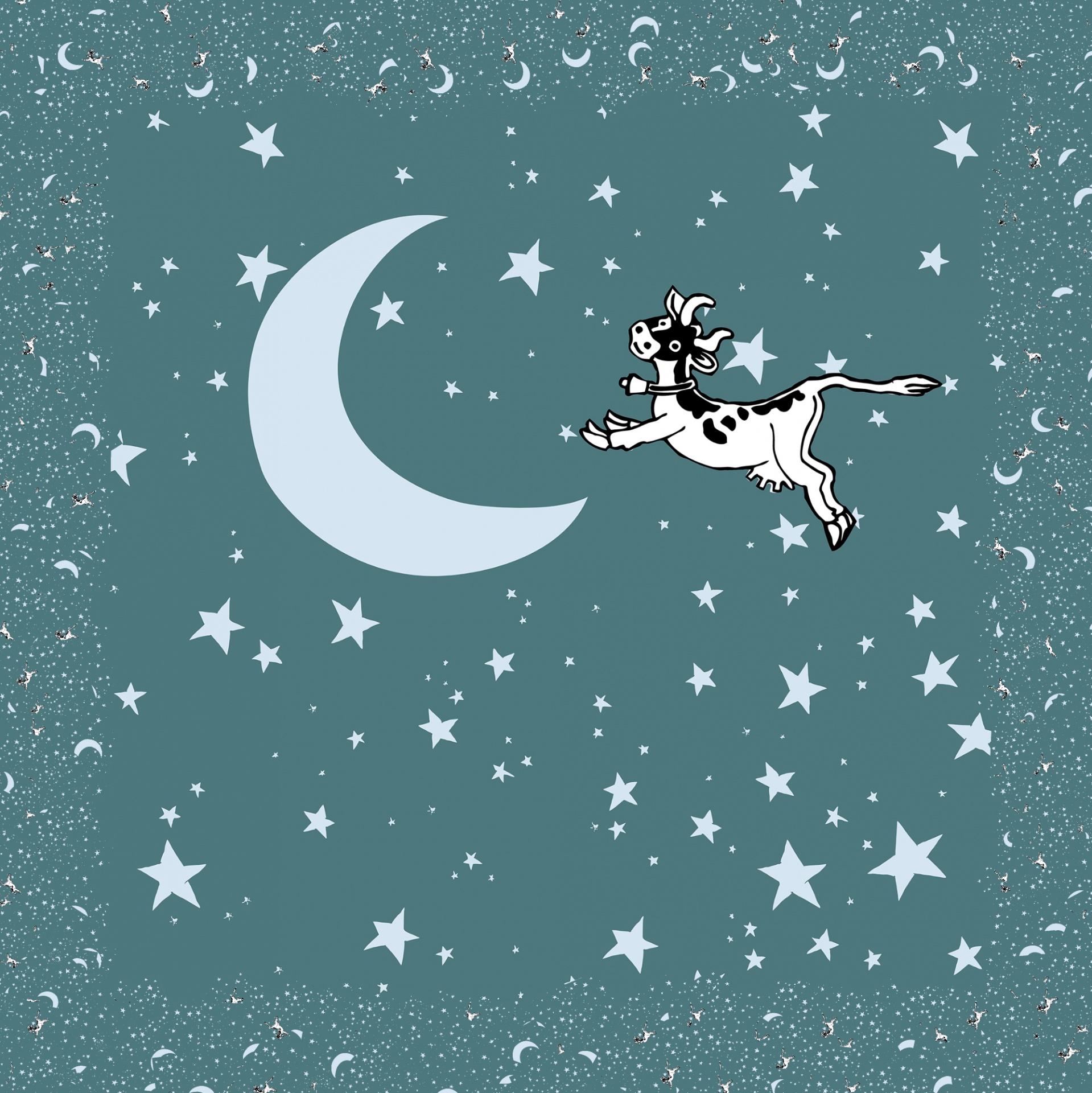 cartoon of a cow jumping over the moon - blue turquoise color