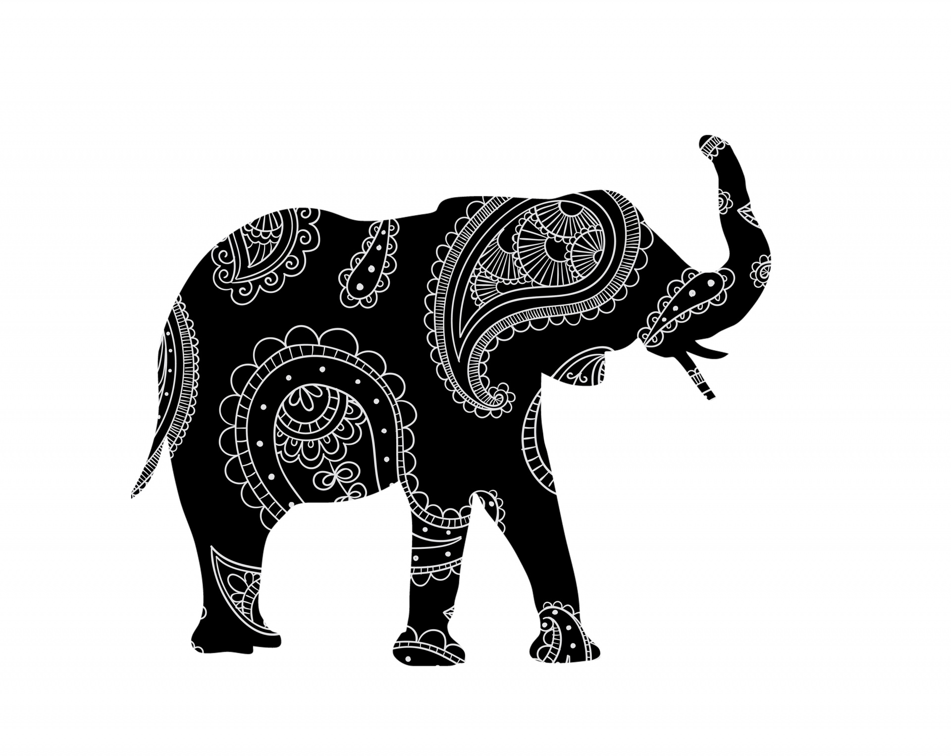 Elephant clipart with henna mehndi paisley pattern fill