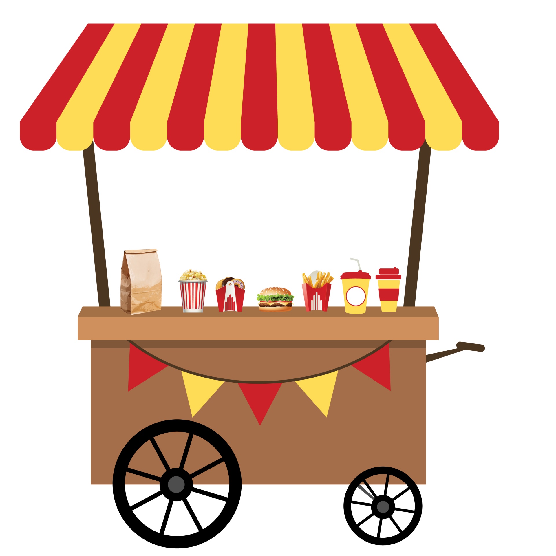 Illustration of takeaway food on cart of burger, fries, drink, coffee clipart