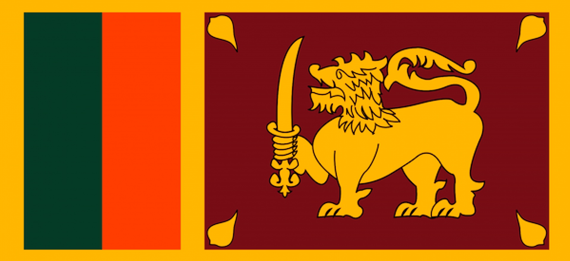 The flag of Sri Lanka, also called the Lion Flag or Sinha Flag, consists of a gold lion holding a kastane sword in its right fore-paw in a maroon background with four gold bo leaves in each corner.
