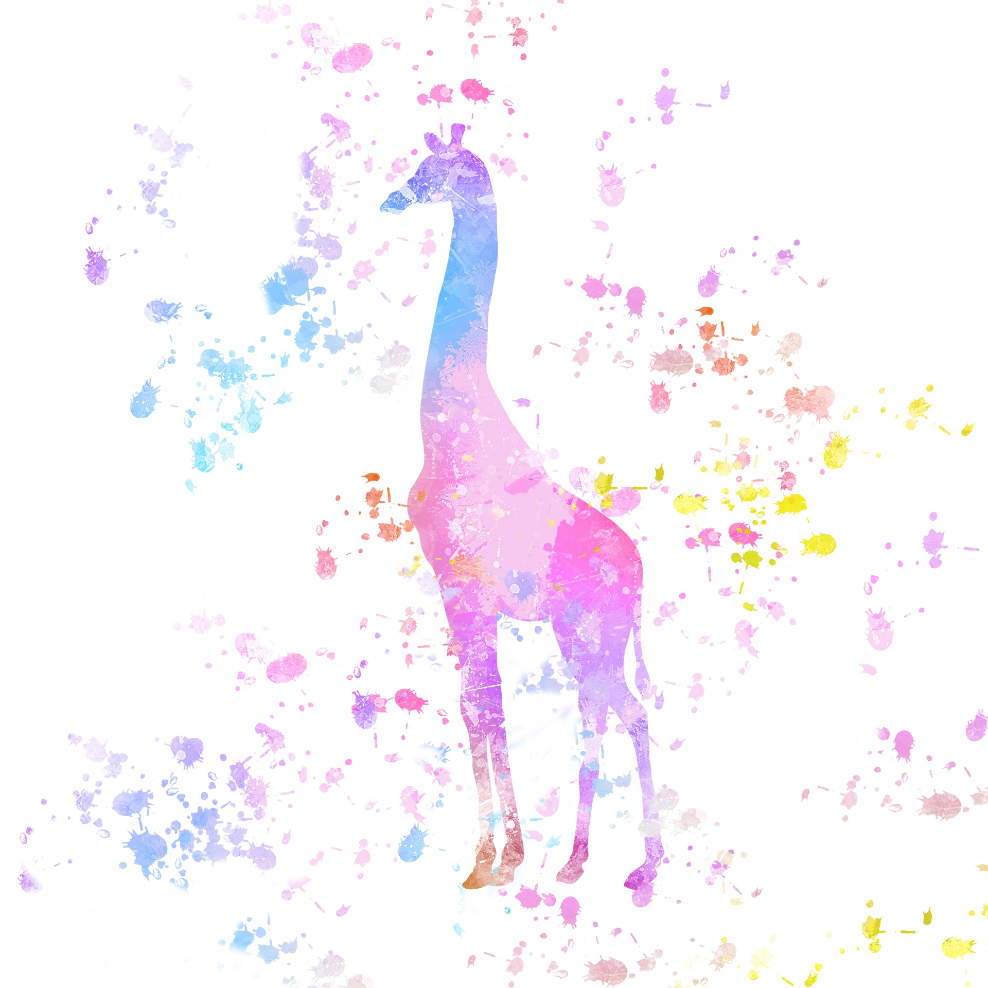 Colorful giraffe with watercolor paint or ink splatters