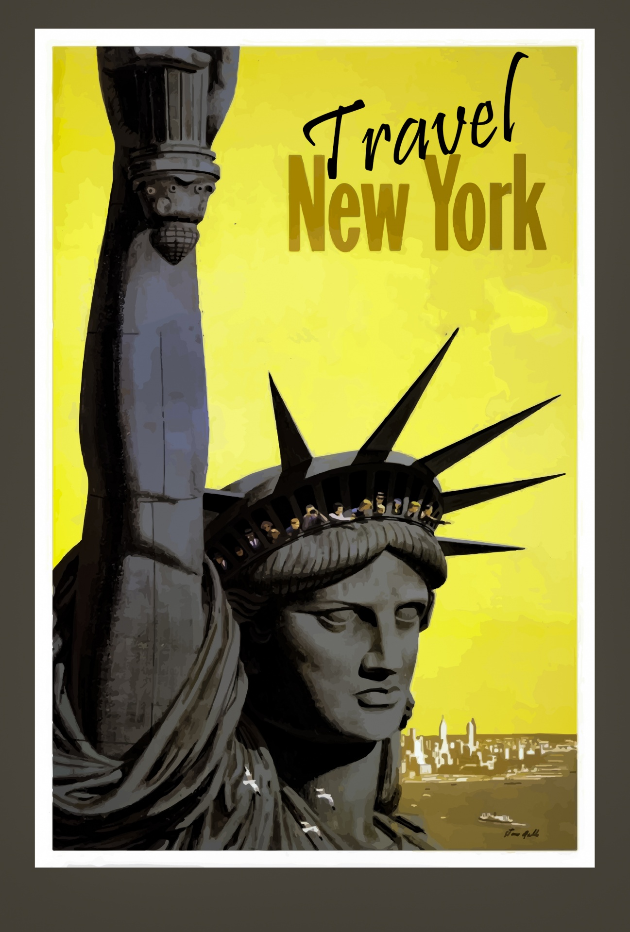 Vintage remix of a travel poster for New York in yellow tones featuring Lady Liberty. Statue of Liberty.
