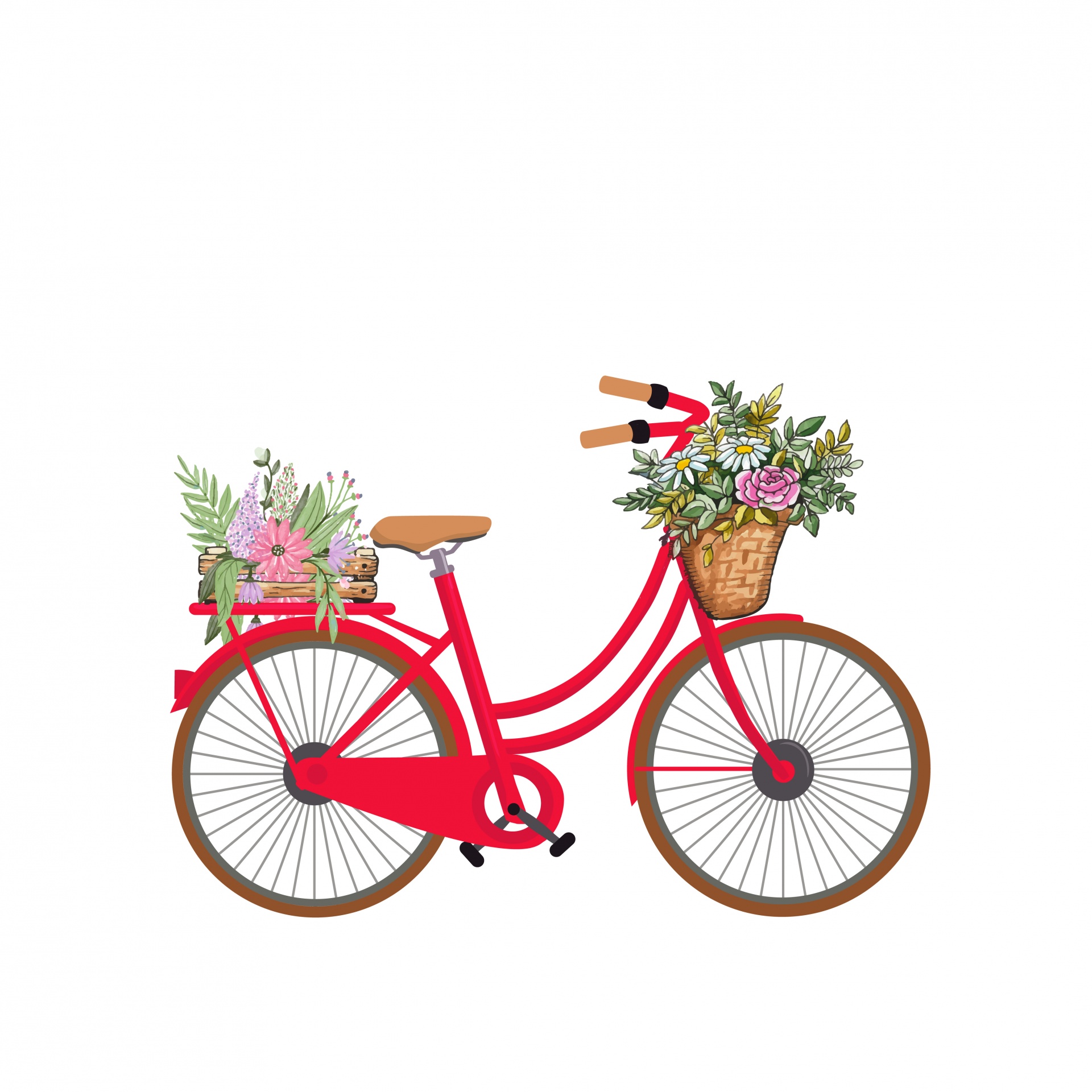 Vintage retro red bike with basket filled will flowers illustration clipart