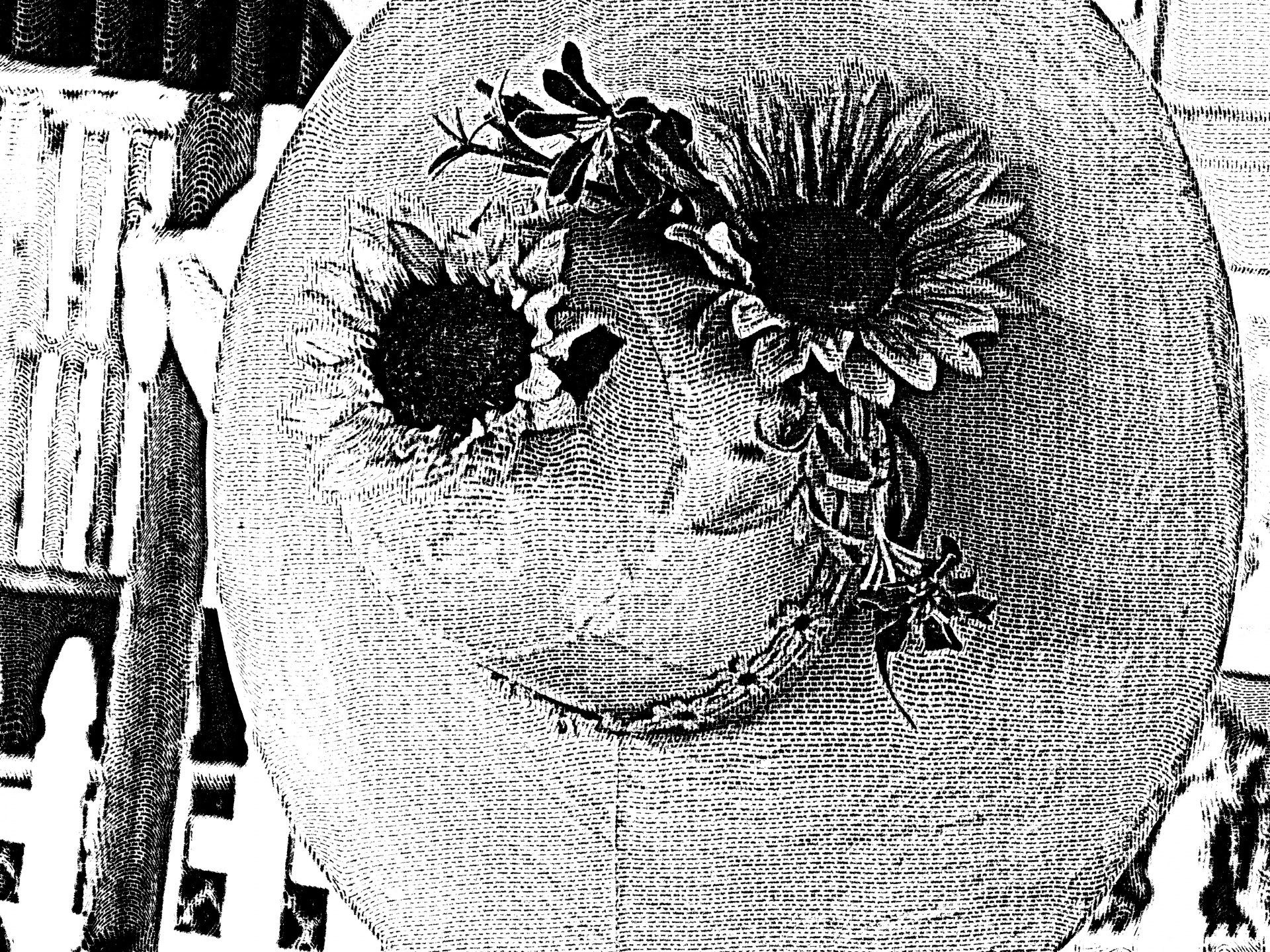 black and white etching antique hat with sunflowers