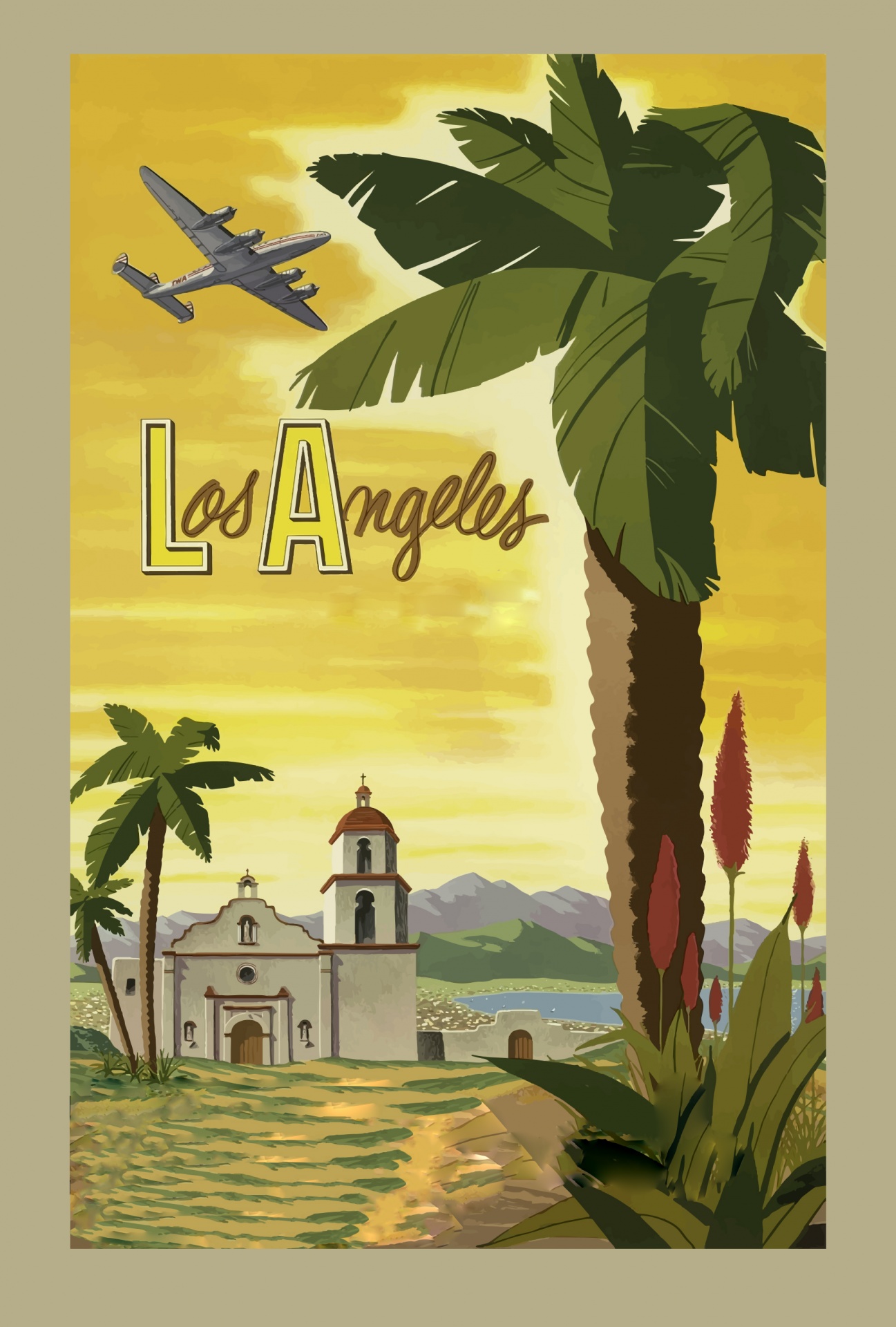 Vintage travel poster remix fly to Los Angeles