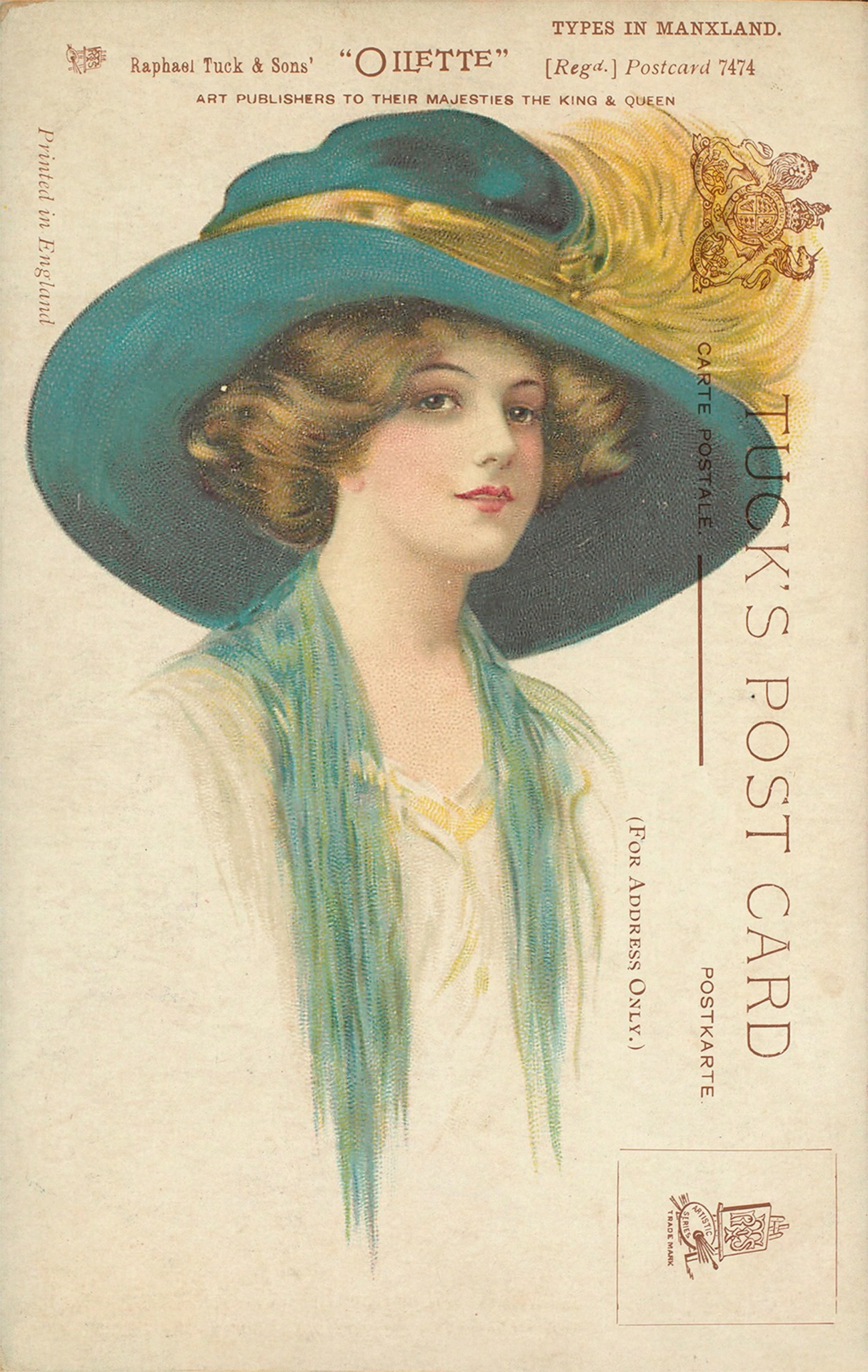 Vintage portrait of beautiful woman in hat on old postcard