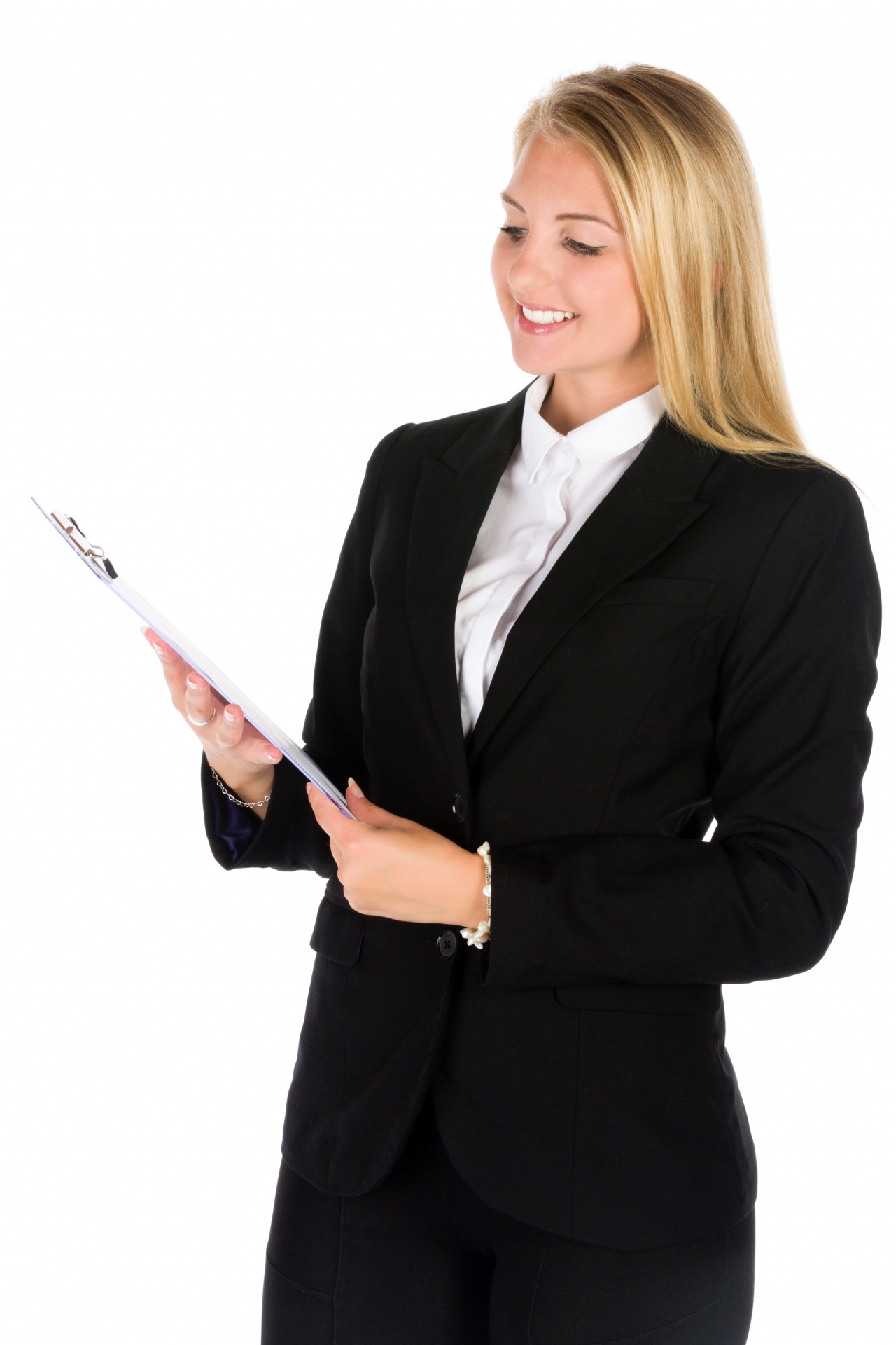 Young business woman holding a clipboard isolated on white background